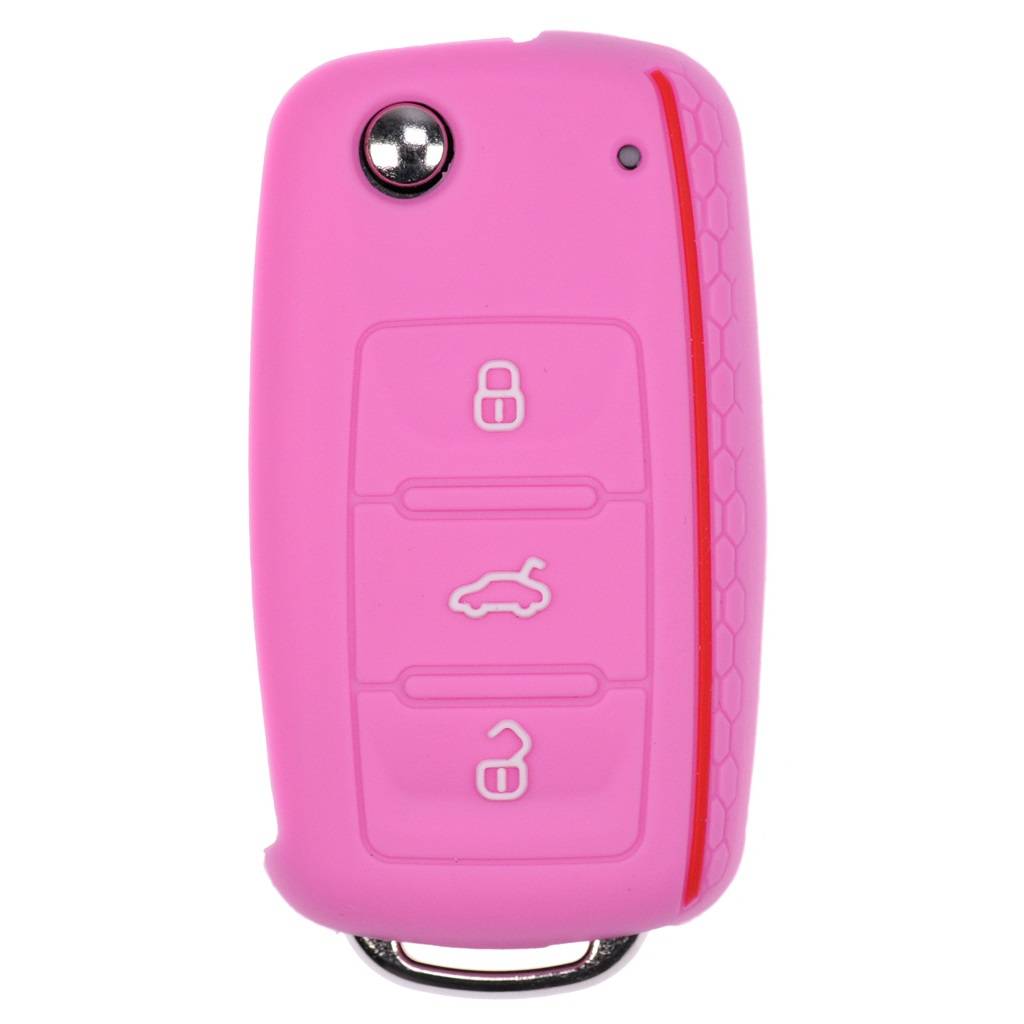 Auto Schlüssel Hülle Silikon Schutz Cover im Wabe Design Rosa kompatibel mit VW SEAT Skoda Golf 6 Octavia UP Leon ab 11/2009 3 Tasten Klappschlüsse