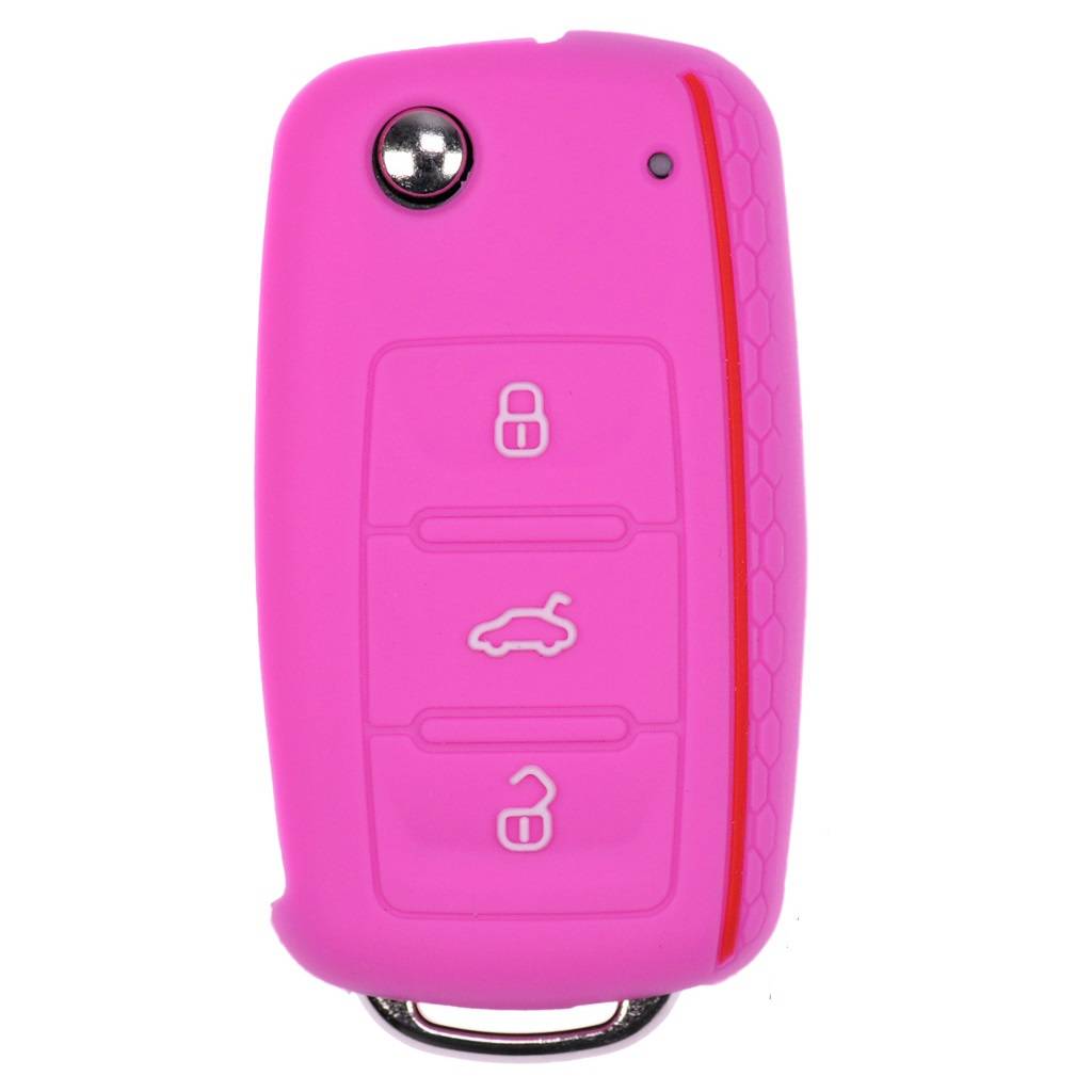 Auto Schlüssel Hülle Silikon Schutz Cover im Wabe Design Pink kompatibel mit VW SEAT Skoda Golf 6 Octavia UP Leon ab 11/2009 3 Tasten Klappschlüsse
