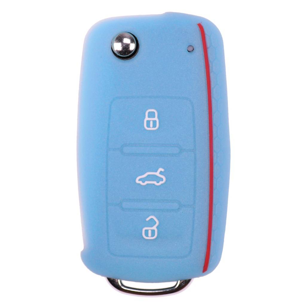 Auto Schlüssel Hülle Silikon Schutz Cover im Wabe Design Fluoreszierend Blau kompatibel mit VW SEAT Skoda Golf 6 Octavia UP Leon ab 11/2009 3 Tasten