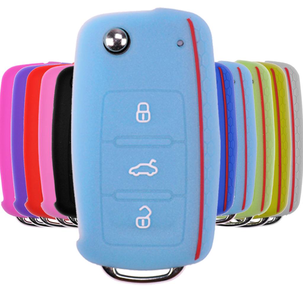 Auto Schlüssel Hülle Silikon Schutz Cover im Wabe Design Fluoreszierend Blau kompatibel mit VW SEAT Skoda Golf 6 Octavia UP Leon ab 11/2009 3 Tasten