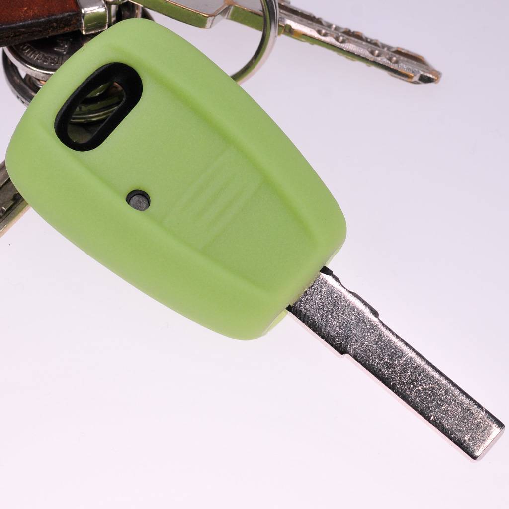 Auto Schlüssel Silikon Schutz Hülle + Schlüsselband Fluoreszierend Grün kompatibel mit FIAT Panda Brava Bravo Punto Stilo 1 Tasten Funk Fernbedien