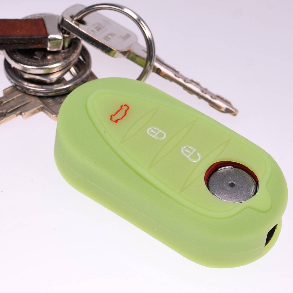 Auto Schlüssel Silikon Schutz Hülle + Schlüsselband Fluoreszierend Grün kompatibel mit ALFA Romeo Mito Giulietta 940 4C ab 2008 3 Tasten Klappschl