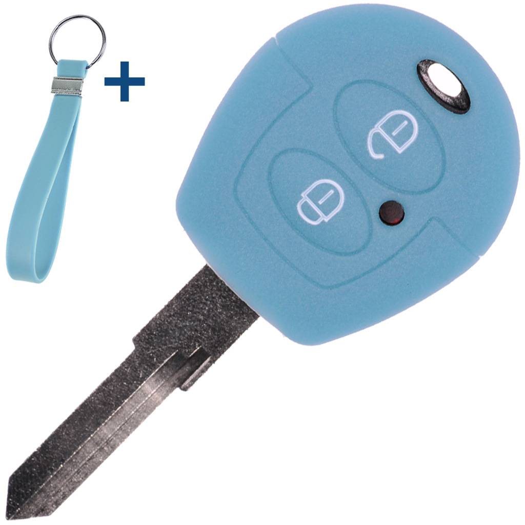 Auto Schlüssel Silikon Schutz Hülle + Schlüsselband Fluoreszierend Blau kompatibel mit VW SEAT Skoda T4 Fox Sharan Polo Cordoba 2 Tasten Funk Fernb