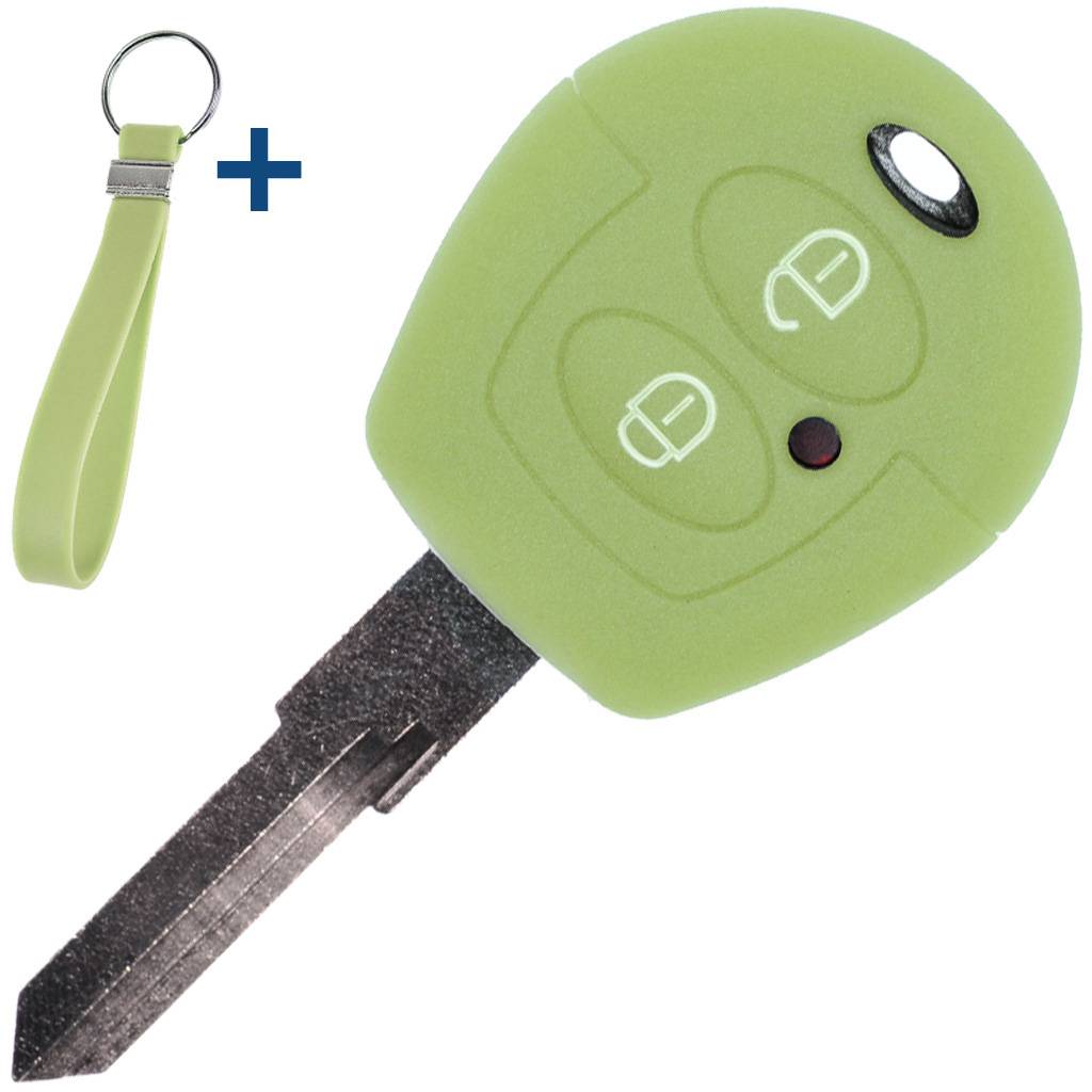Auto Schlüssel Silikon Schutz Hülle + Schlüsselband Fluoreszierend Grün kompatibel mit VW SEAT Skoda T4 Fox Sharan Polo Cordoba 2 Tasten Funk Fern