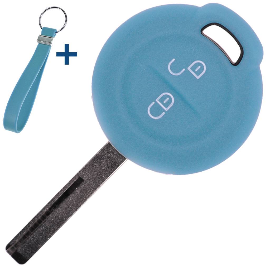 Auto Schlüssel Silikon Schutz Hülle + Schlüsselband Fluoreszierend Blau kompatibel mit Mitsubishi Colt VI Smart Forfour 454 2 Tasten Funk Fernbedie