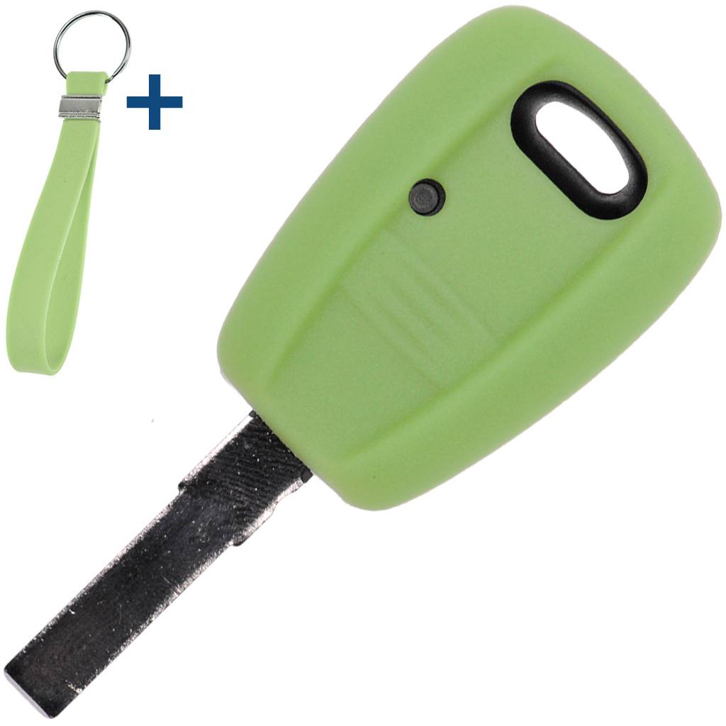 Auto Schlüssel Silikon Schutz Hülle + Schlüsselband Fluoreszierend Grün kompatibel mit FIAT Panda Brava Bravo Punto Stilo 1 Tasten Funk Fernbedien