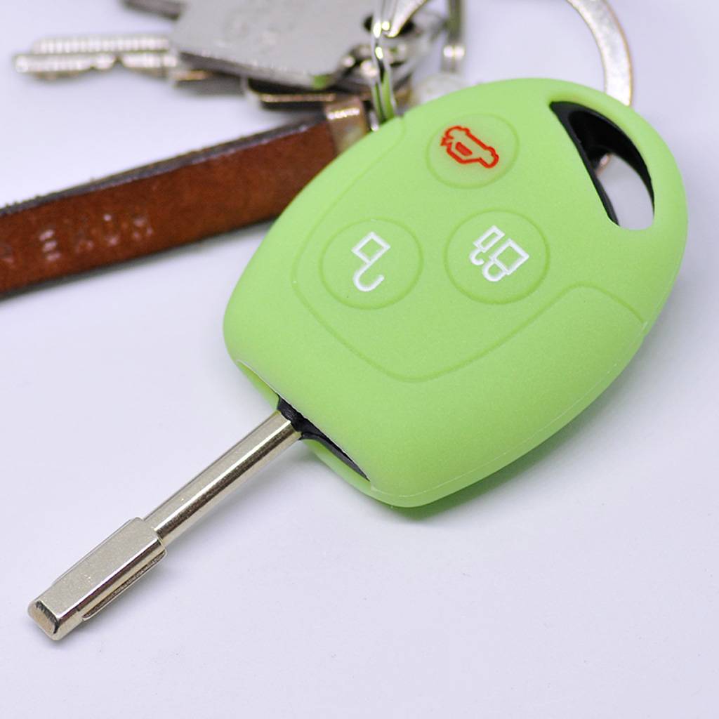 Auto Schlüssel Hülle Silikon Schutz Cover Fluoreszierend Grün kompatibel mit Ford Transit Mondeo Focus II Fiesta VI Fusion Galaxy S-MAX 3 Tasten Fu