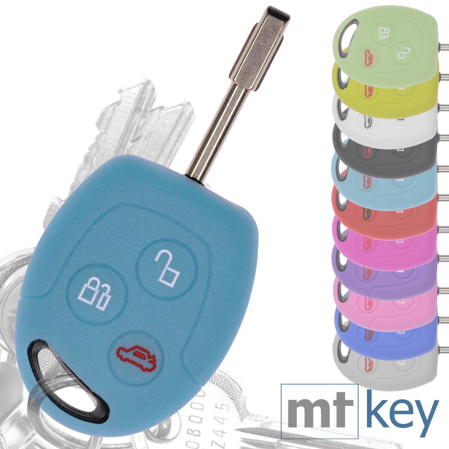 Auto Schlüssel Hülle Silikon Schutz Cover Fluoreszierend Blau kompatibel mit Ford Transit Mondeo Focus II Fiesta VI Fusion Galaxy S-MAX 3 Tasten Fun