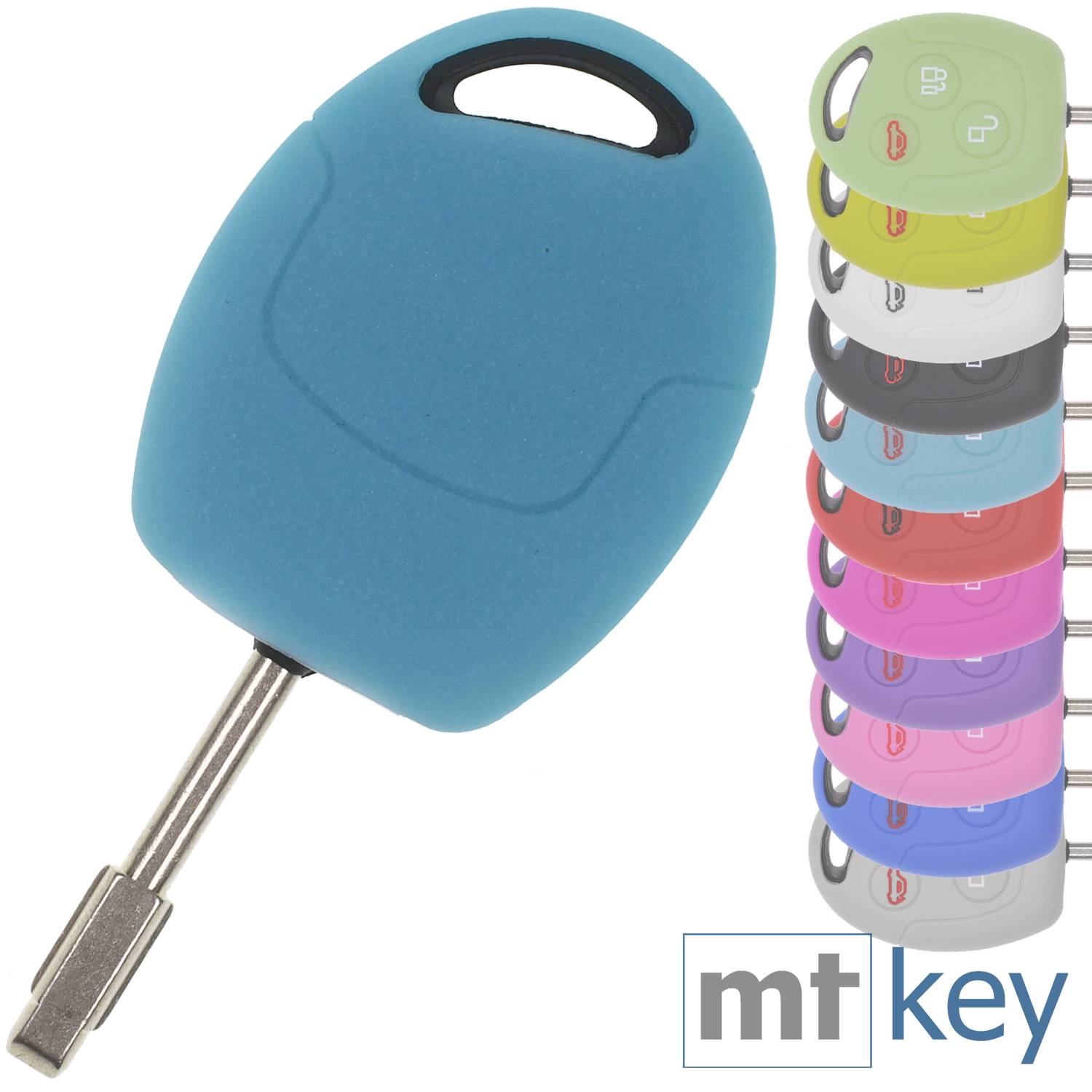 Auto Schlüssel Hülle Silikon Schutz Cover Fluoreszierend Blau kompatibel mit Ford Transit Mondeo Focus II Fiesta VI Fusion Galaxy S-MAX 3 Tasten Fun