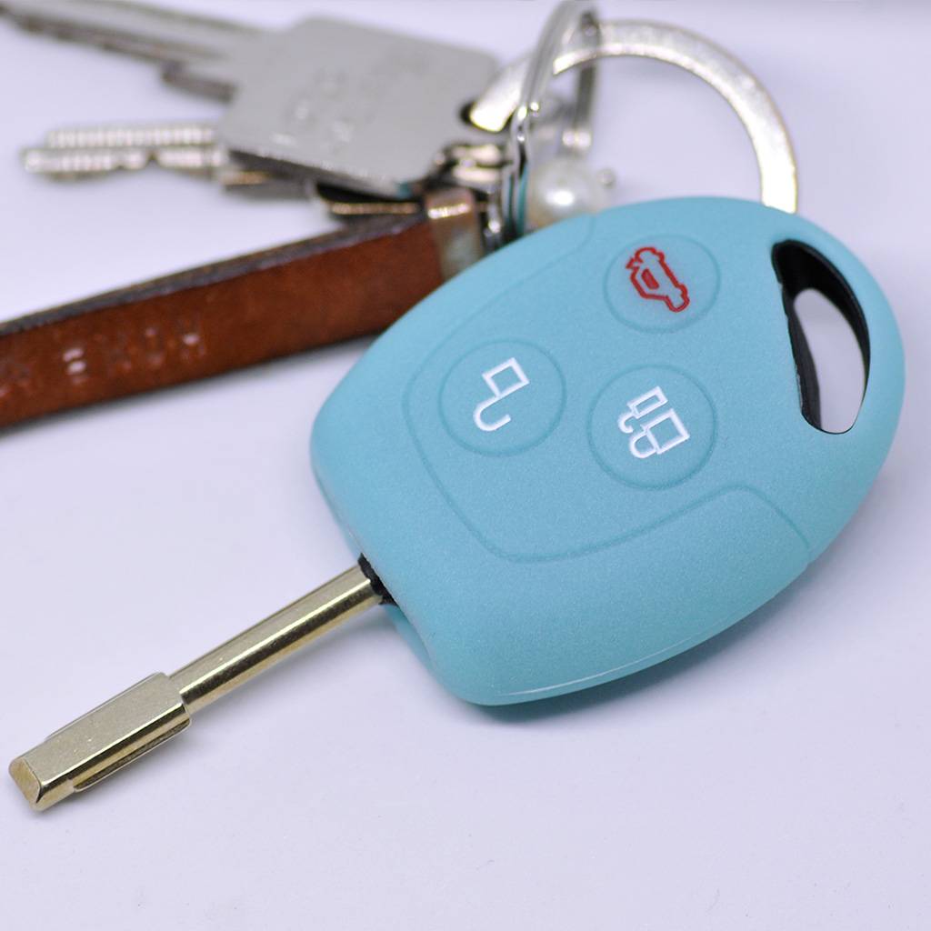 Auto Schlüssel Hülle Silikon Schutz Cover Fluoreszierend Blau kompatibel mit Ford Transit Mondeo Focus II Fiesta VI Fusion Galaxy S-MAX 3 Tasten Fun