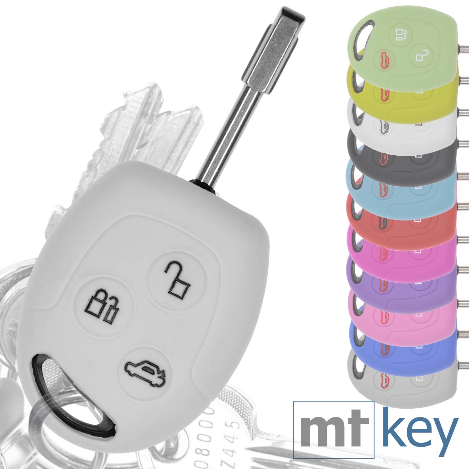 Auto Schlüssel Hülle Silikon Schutz Cover Weiß kompatibel mit Ford Transit Mondeo Focus II Fiesta VI Fusion Galaxy S-MAX 3 Tasten Funk Fernbedienun