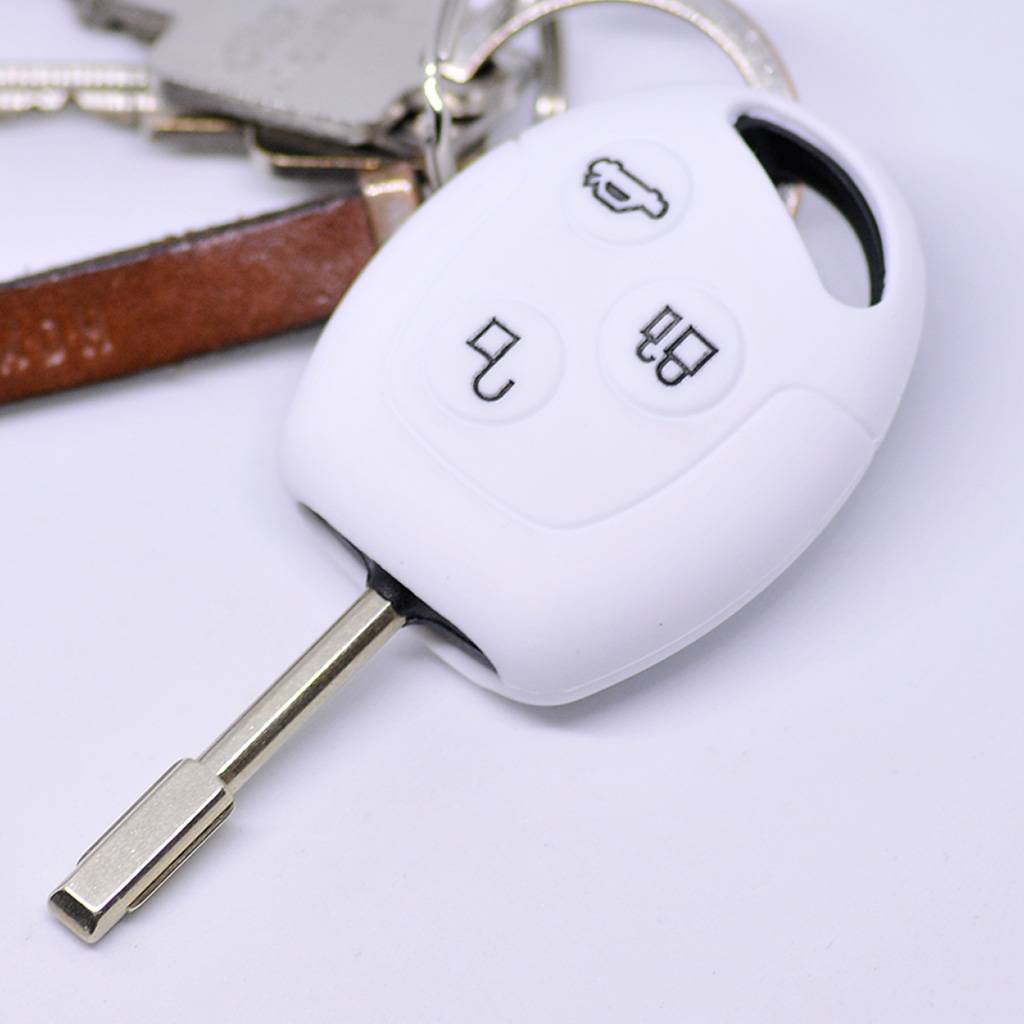 Auto Schlüssel Hülle Silikon Schutz Cover Weiß kompatibel mit Ford Transit Mondeo Focus II Fiesta VI Fusion Galaxy S-MAX 3 Tasten Funk Fernbedienun