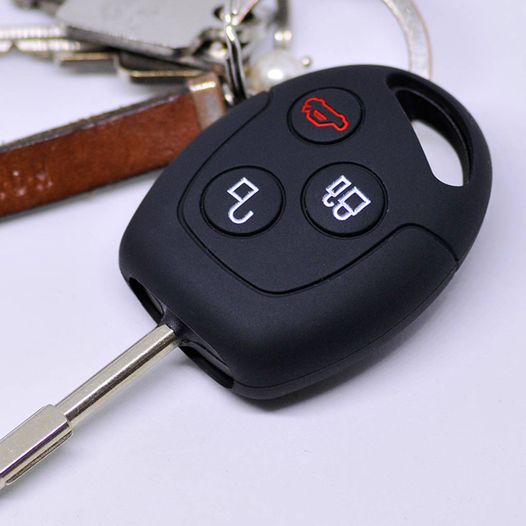 Auto Schlüssel Hülle Silikon Schutz Cover Schwarz kompatibel mit Ford Transit Mondeo Focus II Fiesta VI Fusion Galaxy S-MAX 3 Tasten Funk Fernbedien