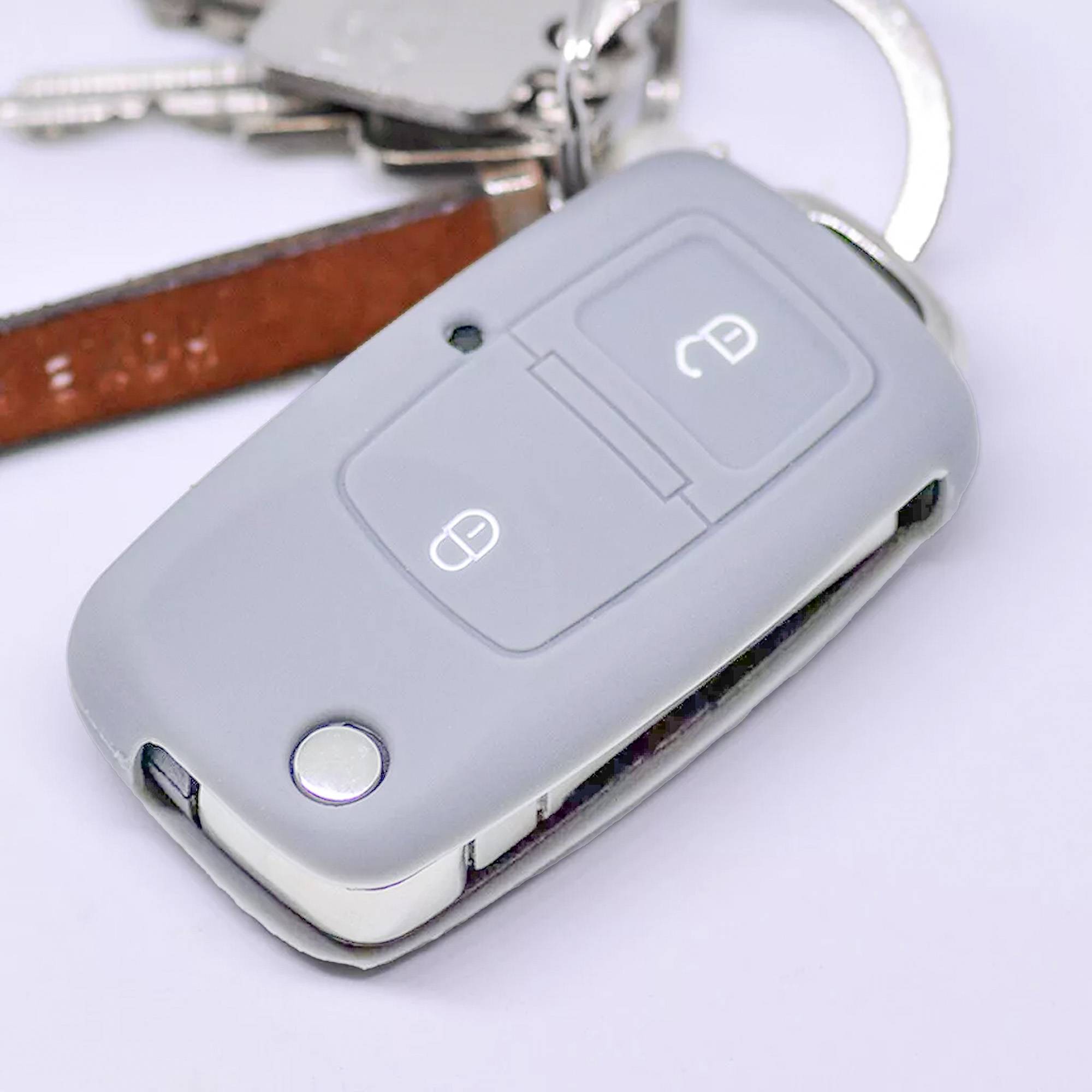 Auto Schlüssel Hülle Silikon Schutz Cover Grau kompatibel mit VW Golf Polo Fox EOS Jetta SEAT Skoda bis 2009 2 Tasten Klappschlüssel