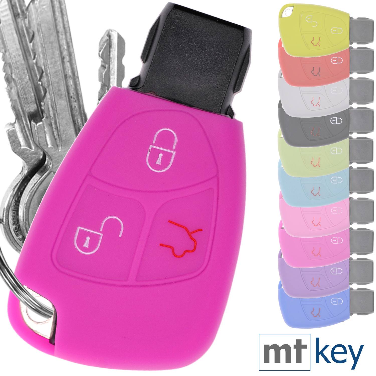 Auto Schlüssel Hülle Silikon Schutz Cover Pink kompatibel mit Mercedes Benz W204 W245 S203 A209 C-Klasse CLK SLK W211 W203 W169 Zünschlüssel 3 Tas
