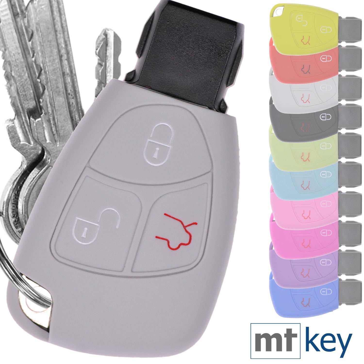 Auto Schlüssel Hülle Silikon Schutz Cover Grau kompatibel mit Mercedes Benz W204 W245 S203 A209 C-Klasse CLK SLK W211 W203 W169 Zünschlüssel 3 Tas