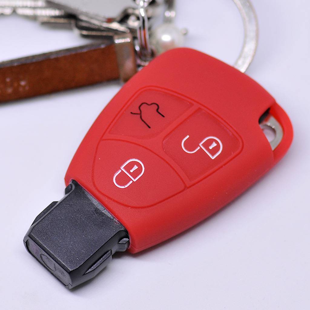 Auto Schlüssel Hülle Silikon Schutz Cover Rot kompatibel mit Mercedes Benz W204 W245 S203 A209 C-Klasse CLK SLK W211 W203 W169 Zünschlüssel 3 Tast