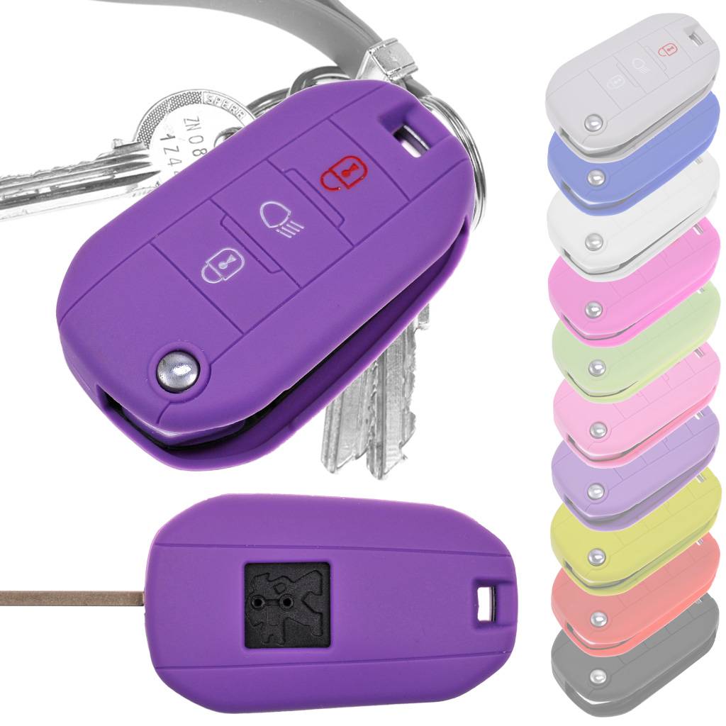 Auto Schlüssel Hülle Silikon Schutz Cover Lila kompatibel mit Peugeot 208 301 308 508 5008 2008 Expert Citroen C3 C4 Spacetourer Traveller 3 Tasten