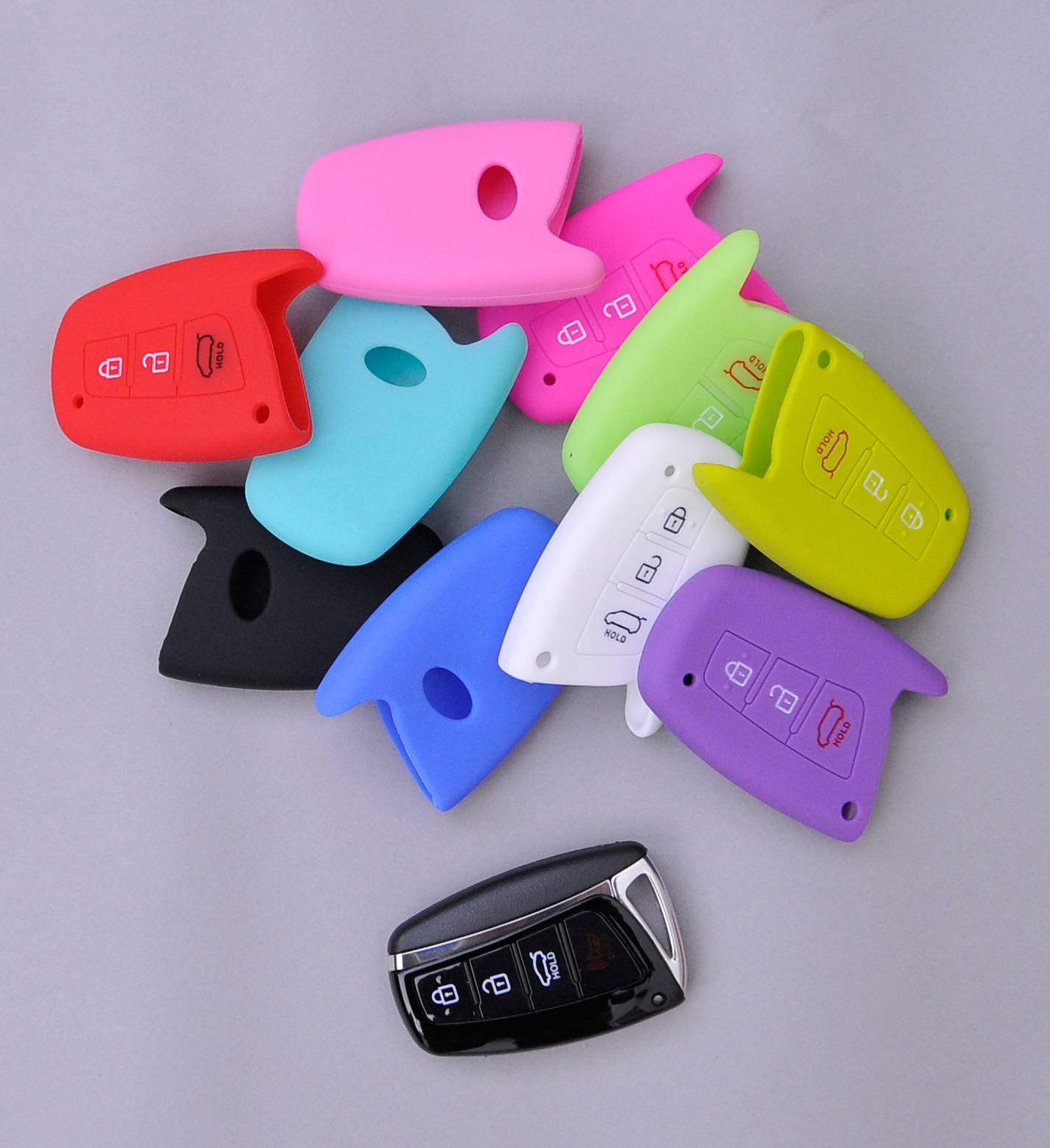 Auto Schlüssel Hülle Silikon Schutz Cover Fluoreszierend Blau kompatibel mit Hyundai Genesis Equus ix45 Grandeur Santa Fe Azera 3 Tasten KEYLESS SMA