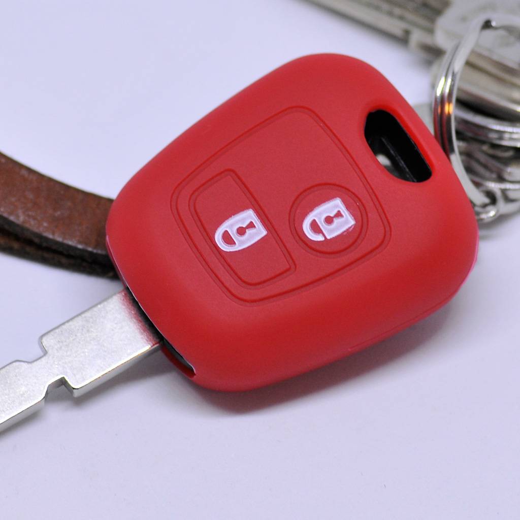 Auto Schlüssel Hülle Silikon Schutz Cover Rot kompatibel mit Citroen Berlingo C1 C2 C3 Toyota Aygo Peugeot Partner 107 206 SW CC 406 307 2 Tasten Fu