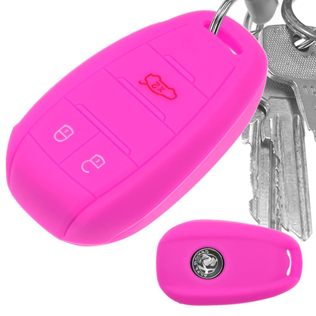 Auto Schlüssel Hülle Silikon Schutz Cover Pink kompatibel mit ALFA Romeo Giulia Stelvio Giulietta 3 Tasten KEYLESS SMARTKEY