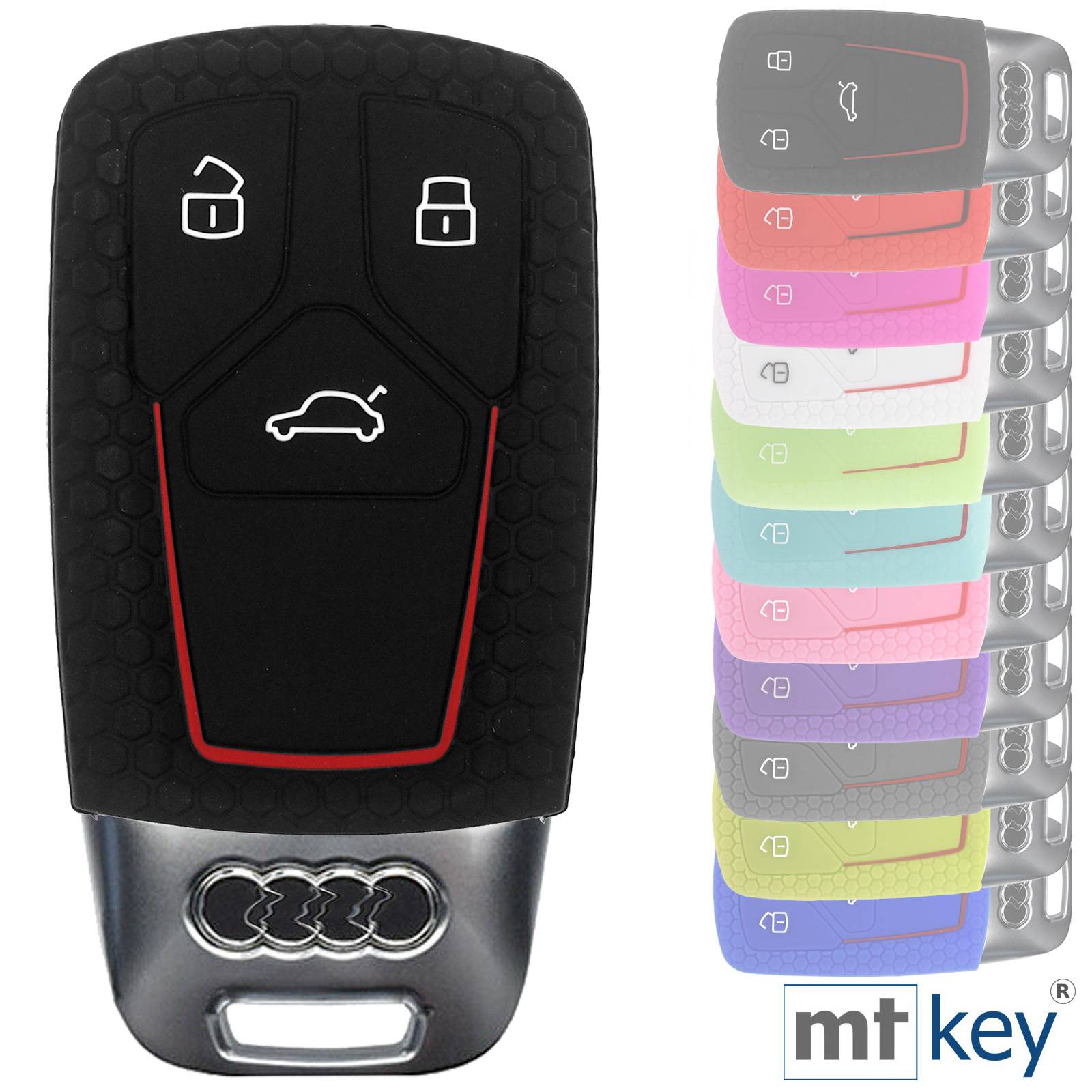Auto Schlüssel Silikon Schutz Hülle + Schlüsselband im Wabe Design Schwarz Kompatibel mit Audi A4 A5 A6 A7 TT Q2 Q5 Q7 A8 Q8 3 Tasten KEYLESS SMART