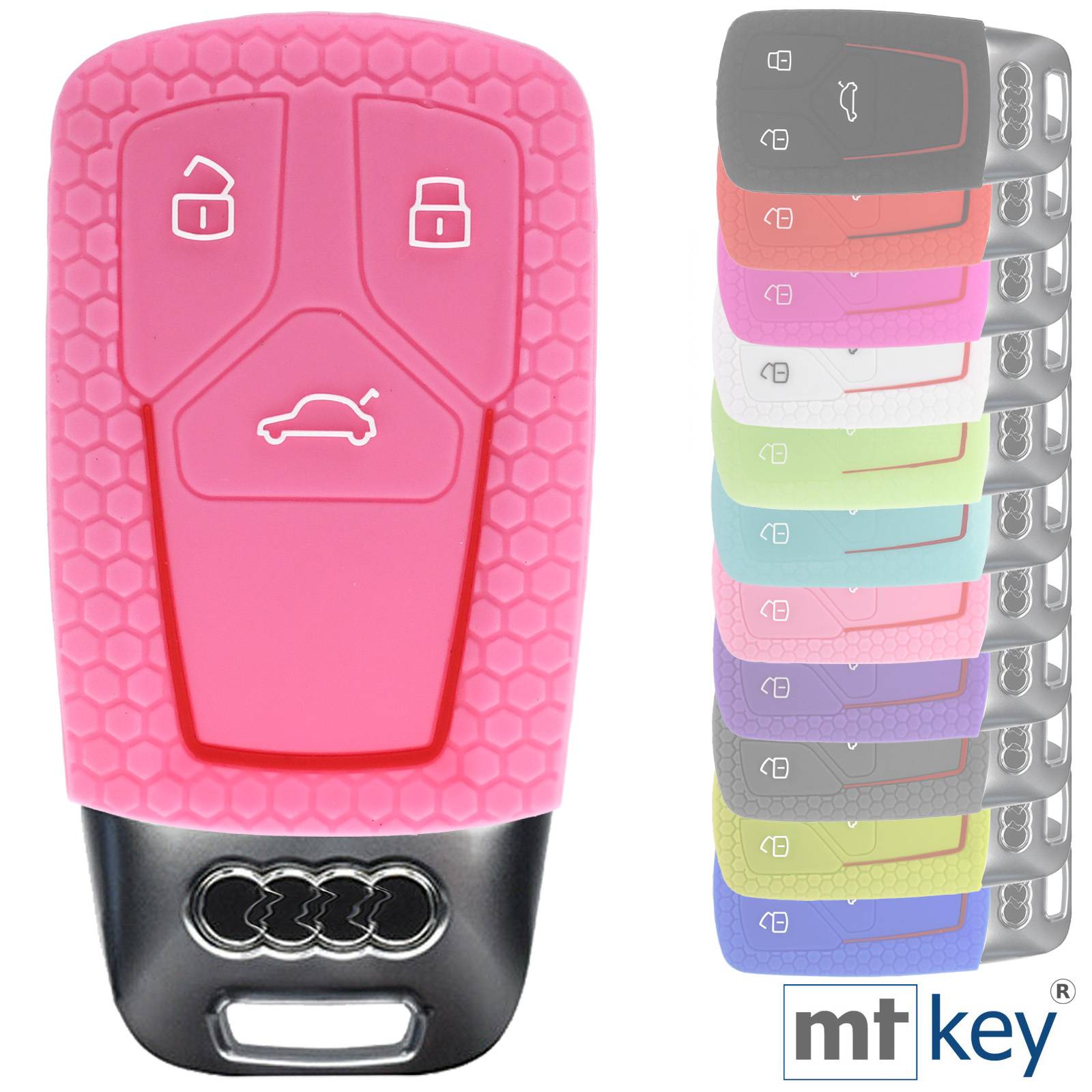 Auto Schlüssel Silikon Schutz Hülle + Schlüsselband im Wabe Design Rosa Kompatibel mit Audi A4 A5 A6 A7 TT Q2 Q5 Q7 A8 Q8 3 Tasten KEYLESS SMARTKEY