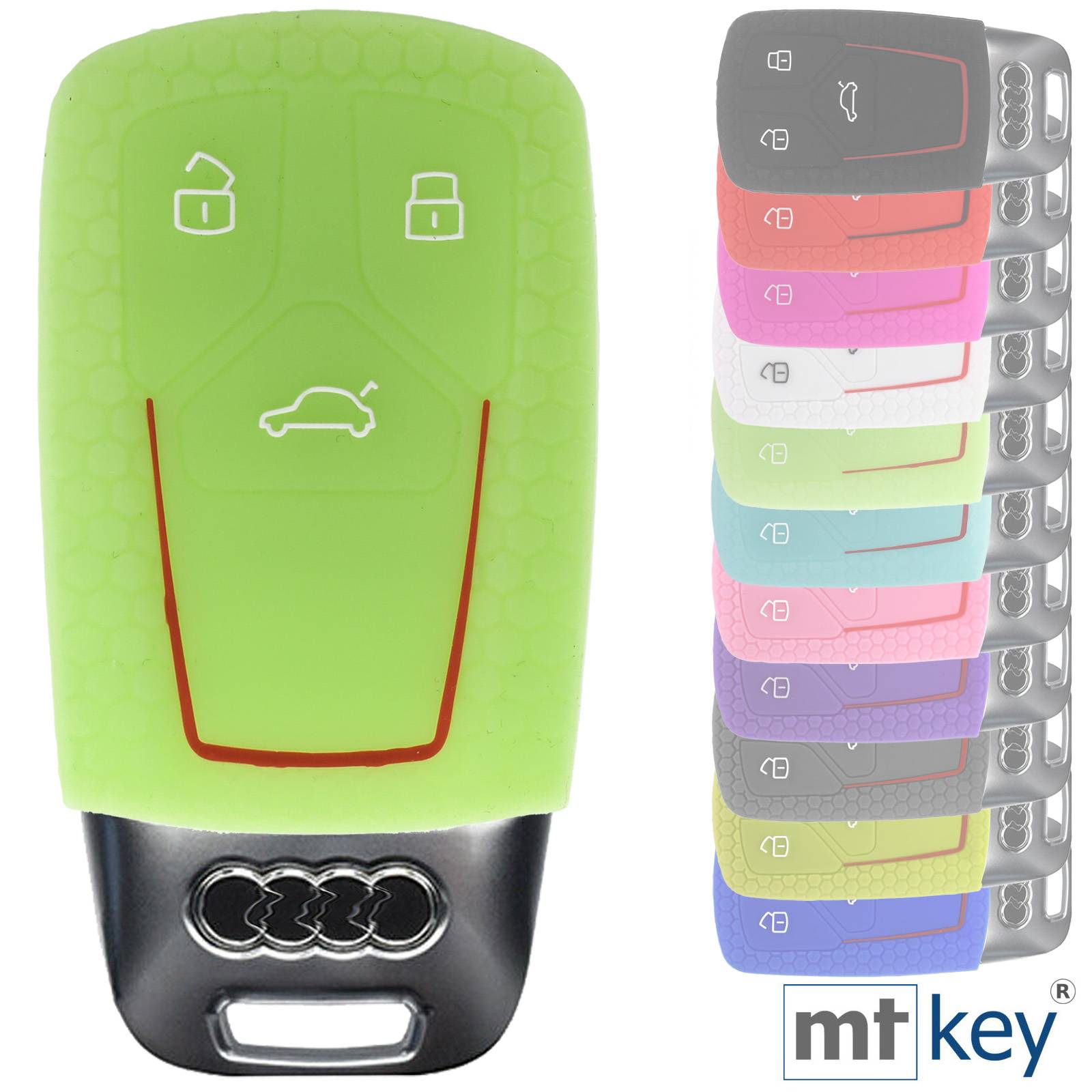 Auto Schlüssel Silikon Schutz Hülle + Schlüsselband im Wabe Design Fluoreszierend Grün Kompatibel mit Audi A4 A5 A6 A7 TT Q2 Q5 Q7 A8 Q8 3 Tasten