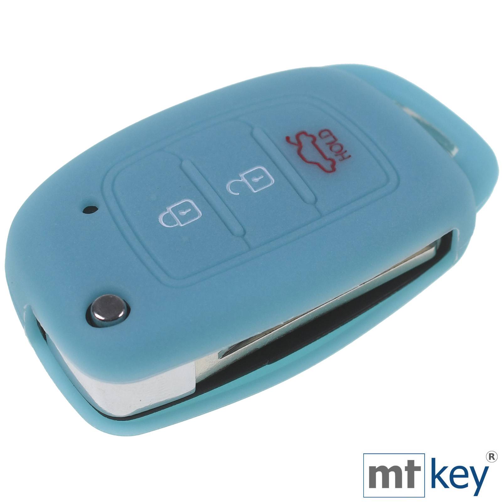 Auto Schlüssel Silikon Schutz Hülle + Schlüsselband Fluoreszierend Blau Kompatibel mit Hyundai i10 i20 ix25 ix35 i40 Accent Tucson 3 Tasten Klappsc
