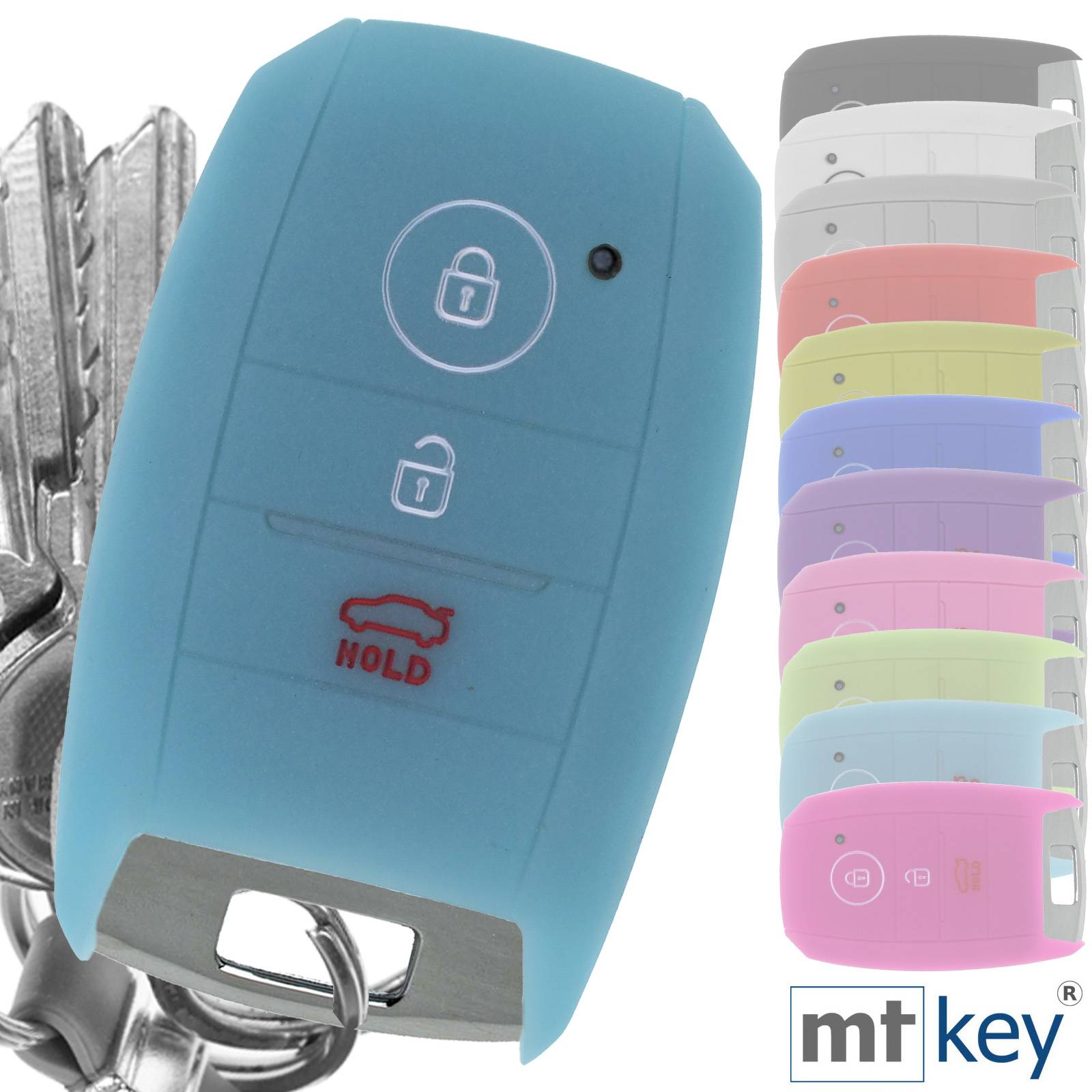 Auto Schlüssel Silikon Schutz Hülle + Schlüsselband Fluoreszierend Blau Kompatibel mit KIA Picantio Rio Ceed Soul Sportage Stonic 3 Tasten KEYLESS