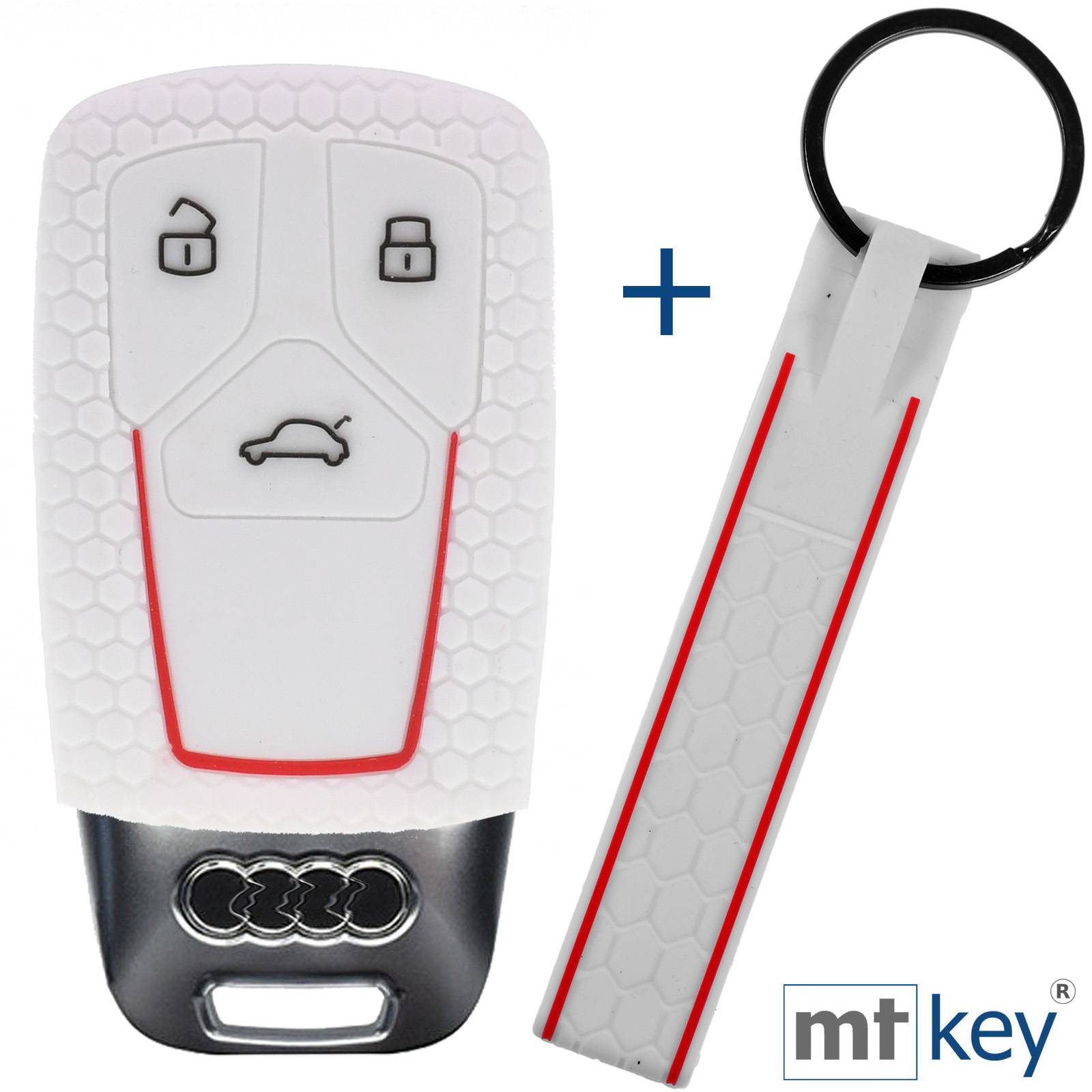 Auto Schlüssel Silikon Schutz Hülle + Schlüsselband im Wabe Design Weiß Kompatibel mit Audi A4 A5 A6 A7 TT Q2 Q5 Q7 A8 Q8 3 Tasten KEYLESS SMARTKE