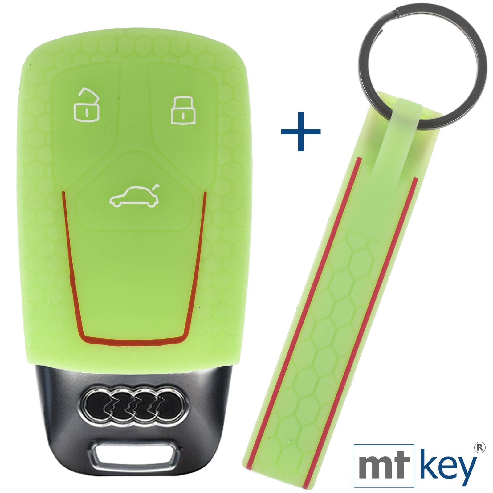 Auto Schlüssel Silikon Schutz Hülle + Schlüsselband im Wabe Design Fluoreszierend Grün Kompatibel mit Audi A4 A5 A6 A7 TT Q2 Q5 Q7 A8 Q8 3 Tasten