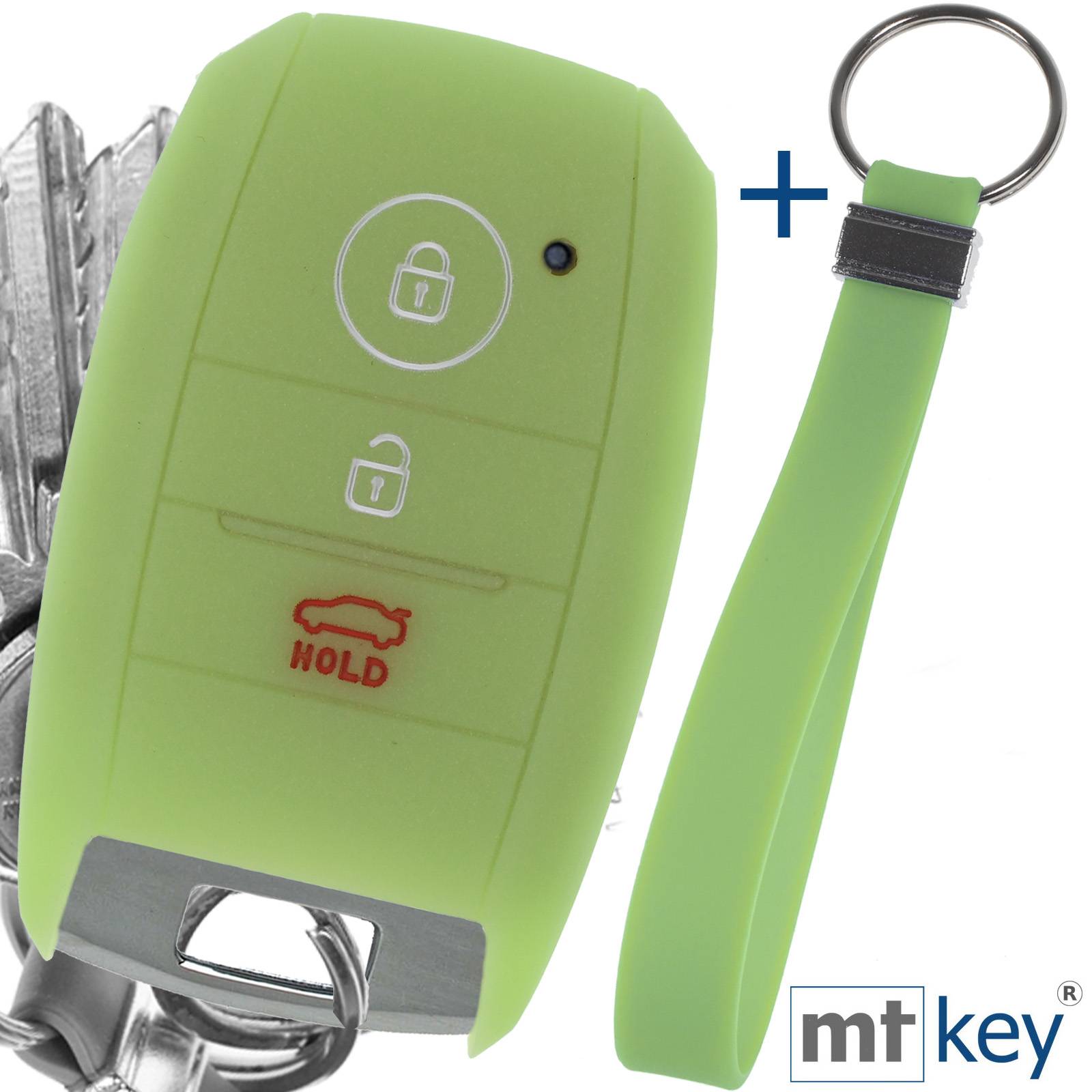 Auto Schlüssel Silikon Schutz Hülle + Schlüsselband Fluoreszierend Grün Kompatibel mit KIA Picantio Rio Ceed Soul Sportage Stonic 3 Tasten KEYLESS