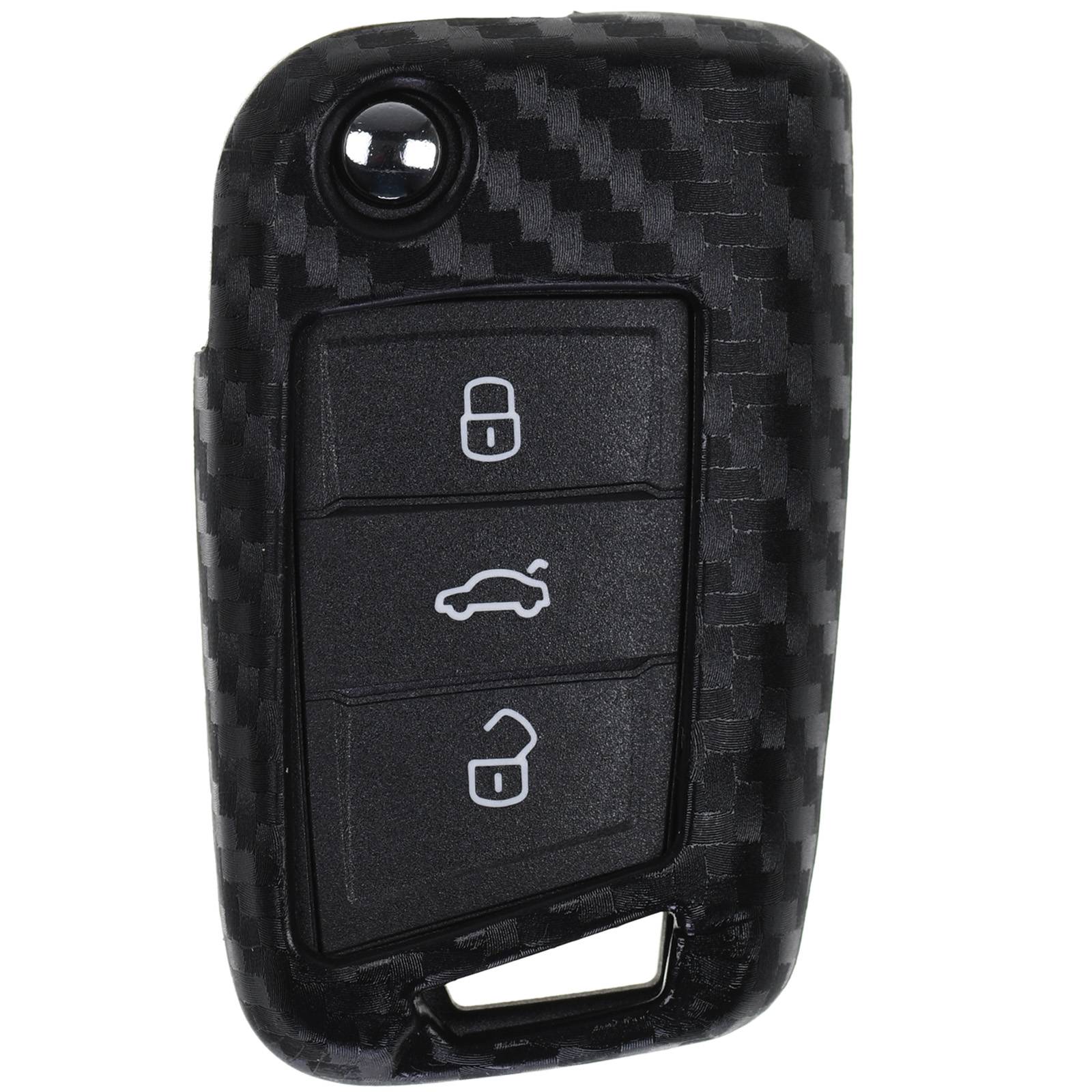 Auto Schlüssel Silikon Schutz Hülle im Carbon Look kompatibel mit VW POLO Golf Jetta Touran T-Roc Tiguan SEAT Ibiza Leon 5F SKODA Fabia Rapid Octavi