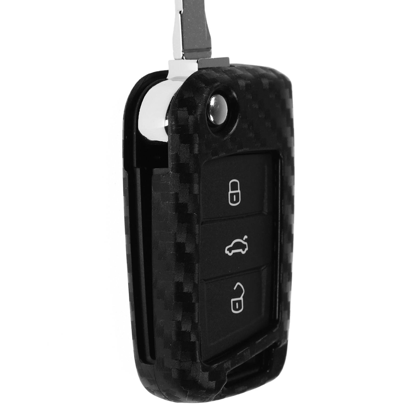 Auto Schlüssel Silikon Schutz Hülle im Carbon Look kompatibel mit VW POLO Golf Jetta Touran T-Roc Tiguan SEAT Ibiza Leon 5F SKODA Fabia Rapid Octavi