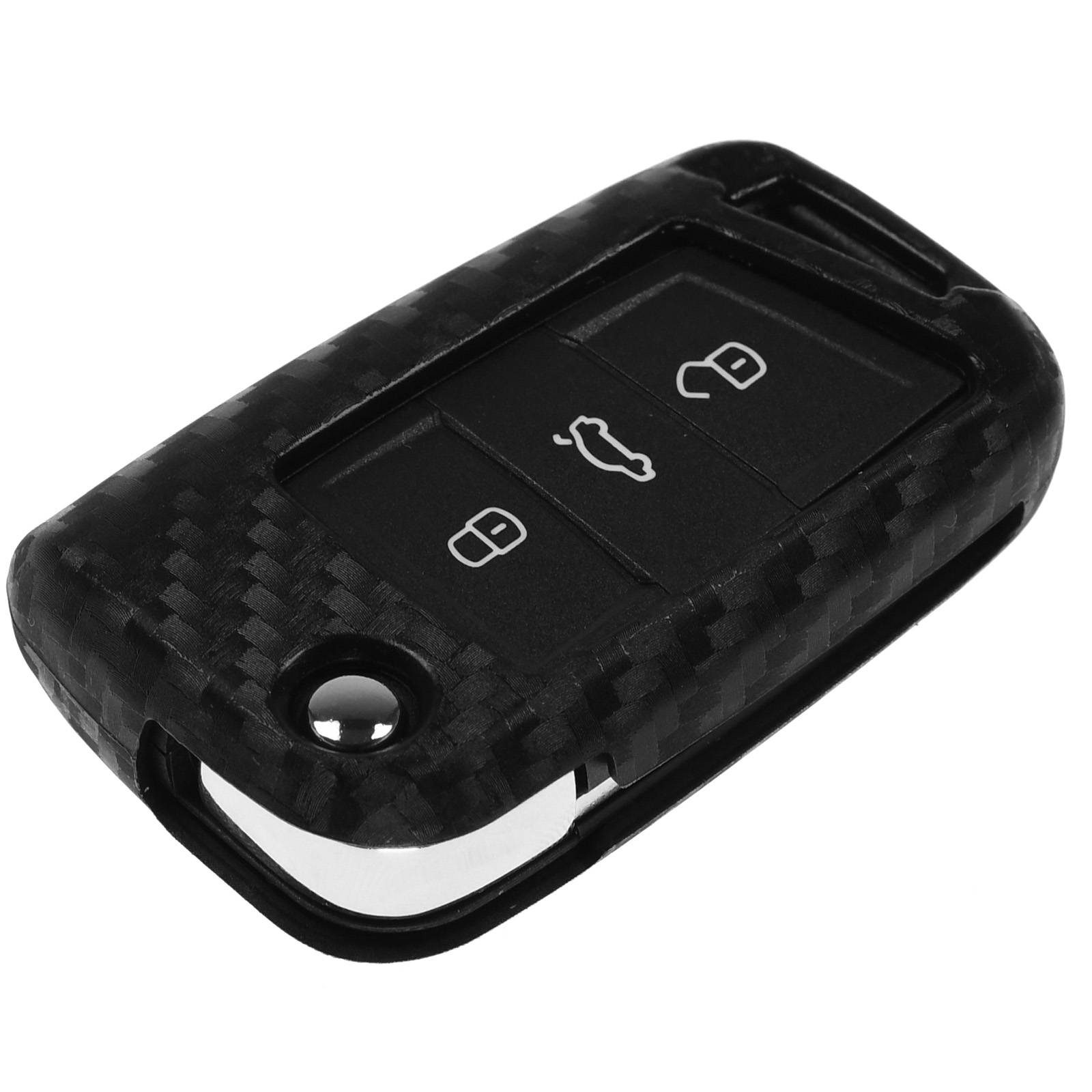 Auto Schlüssel Silikon Schutz Hülle im Carbon Look kompatibel mit VW POLO Golf Jetta Touran T-Roc Tiguan SEAT Ibiza Leon 5F SKODA Fabia Rapid Octavi
