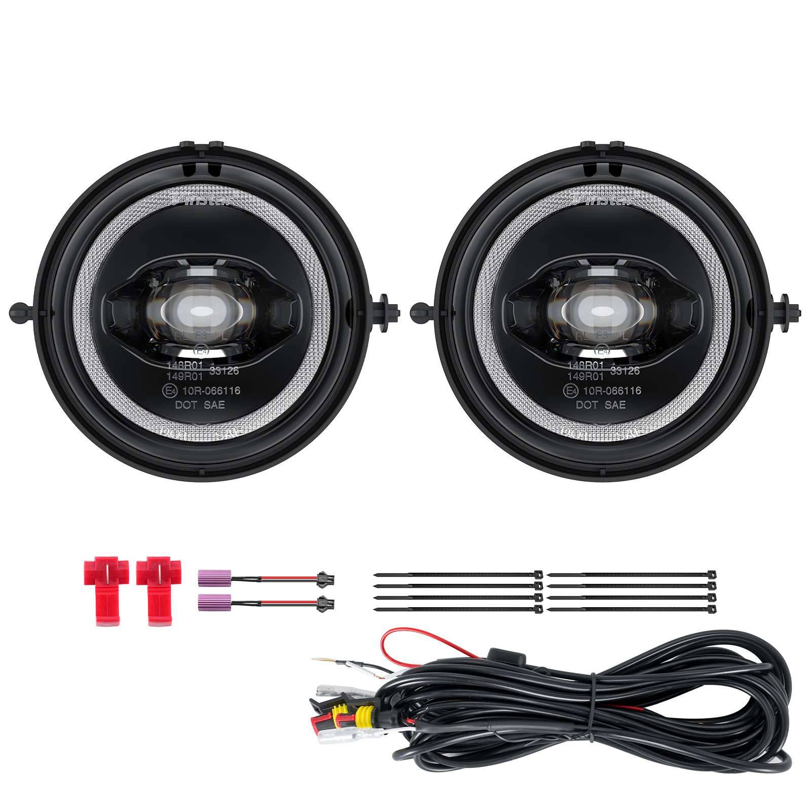 Zwei runde LED-Scheinwerfer mit Kabelsatz, Steckverbindern und Kabelbindern zur Installation.