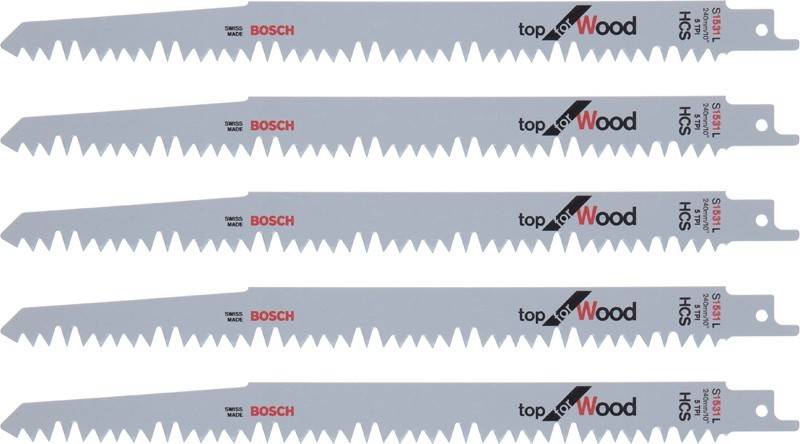 Fünf Bosch Stichsägeblätter senkrecht angeordnet, jedes mit der Beschriftung 