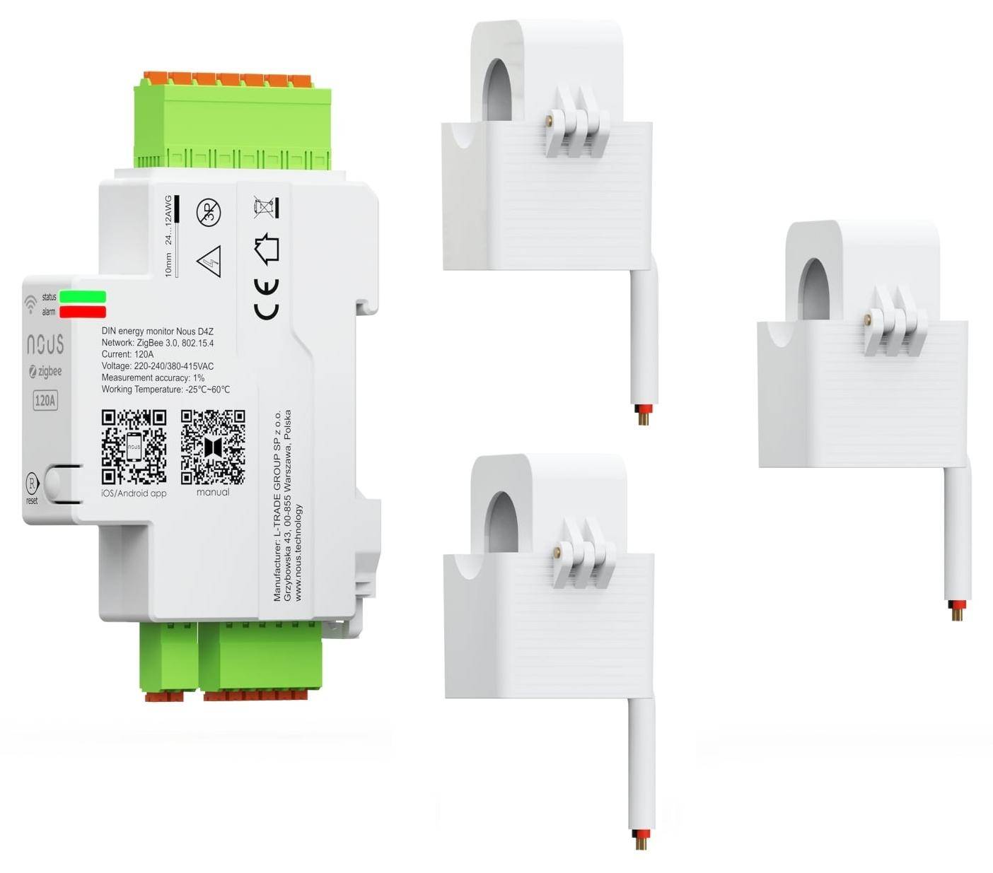 Nous D4Z Smart DIN Energiezähler, Smarte Energieüberwachung, Zigbee 3.0, inkl. 3 Messzangen, 120A