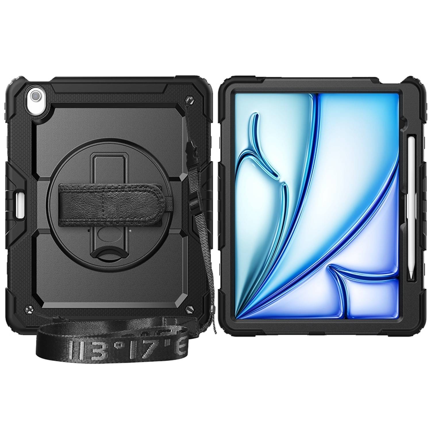 Für Apple iPad Air 13 2025 / 2024 Hybrid 360 Grad Hülle mit Schultergurt Schwarz