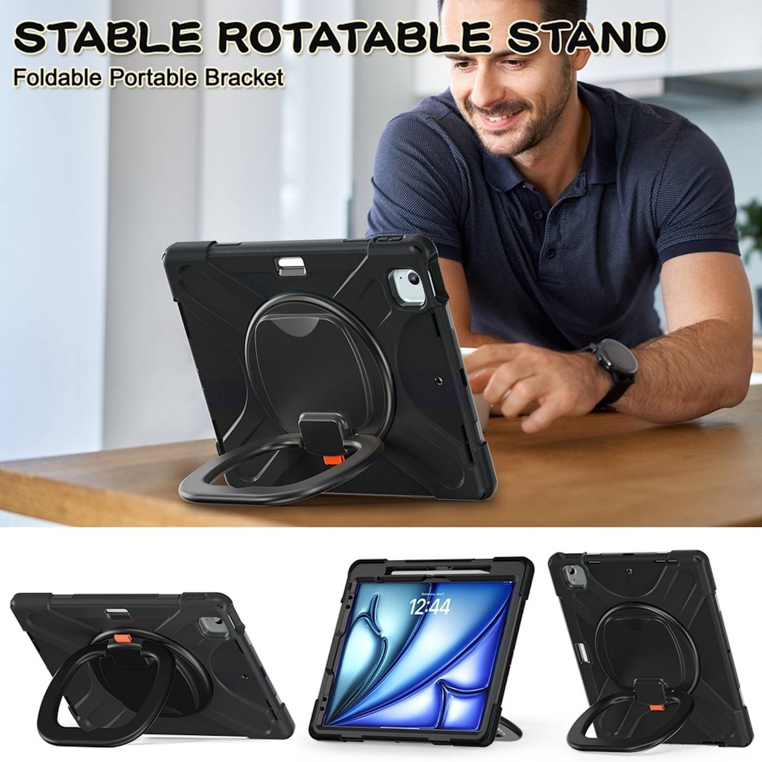 Tablethülle Apple iPad Air 13 2026 / 2025 Hybrid 360 Grad Schultergurt Schwarz