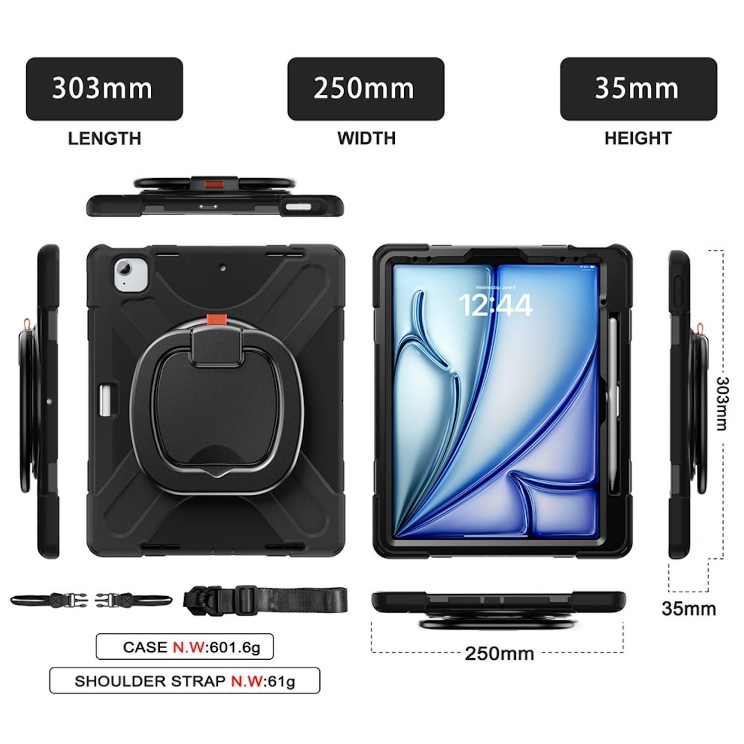 Tablethülle Apple iPad Air 13 2026 / 2025 Hybrid 360 Grad Schultergurt Schwarz