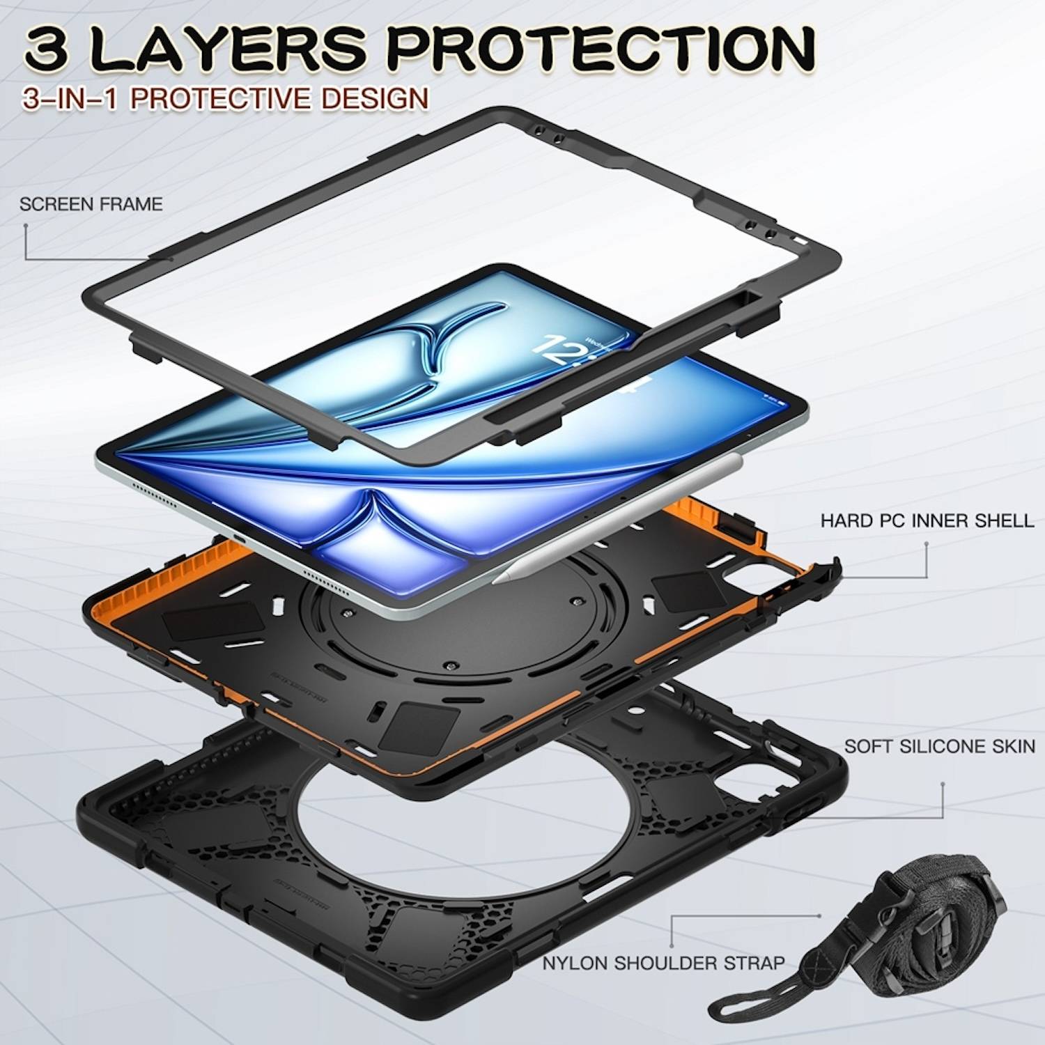 Tablethülle Apple iPad Air 13 2026 / 2025 Hybrid 360 Grad Schultergurt Schwarz