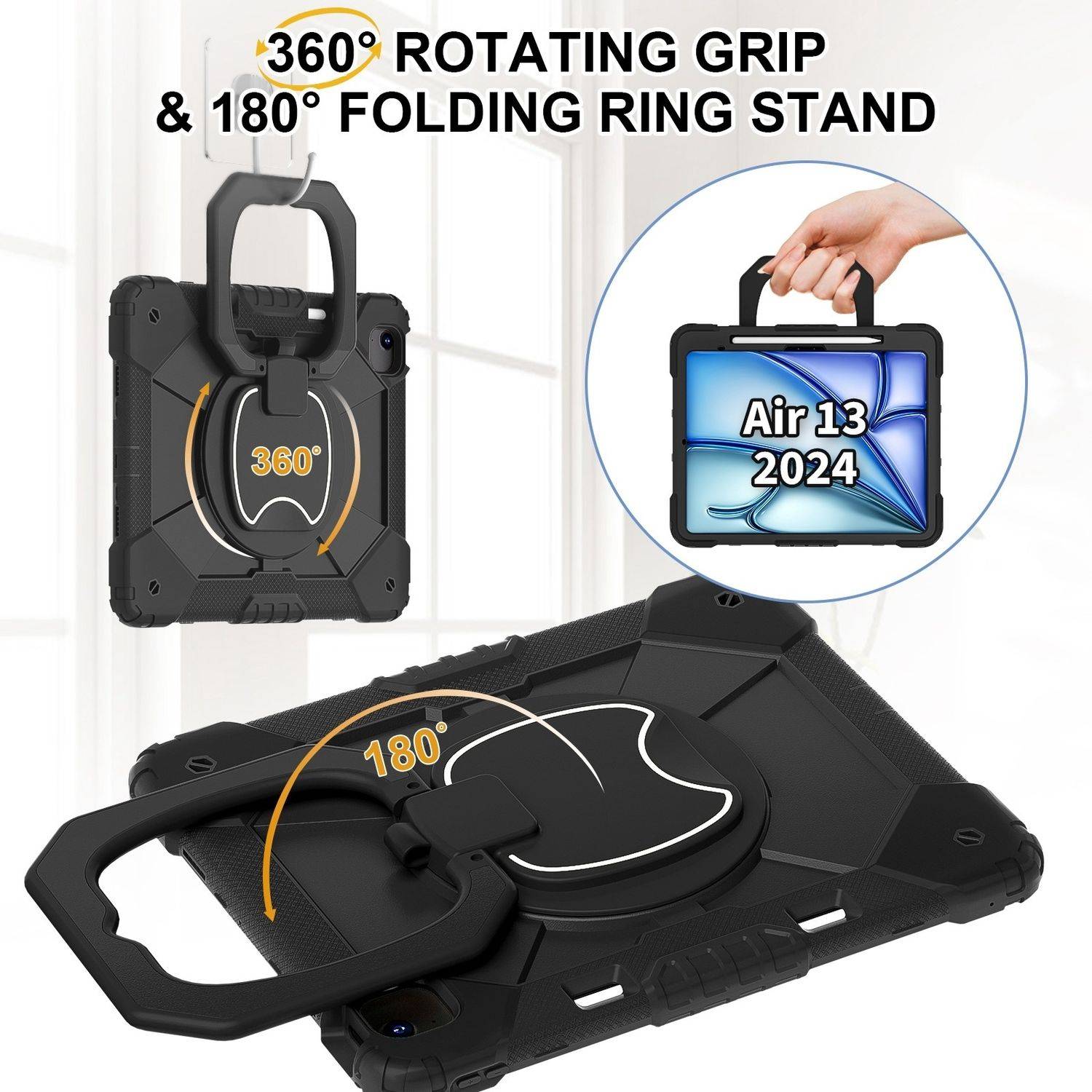 Für Apple iPad Air 13 2025 / 2024 Hybrid 360 Grad Hülle mit Schultergurt Schwarz