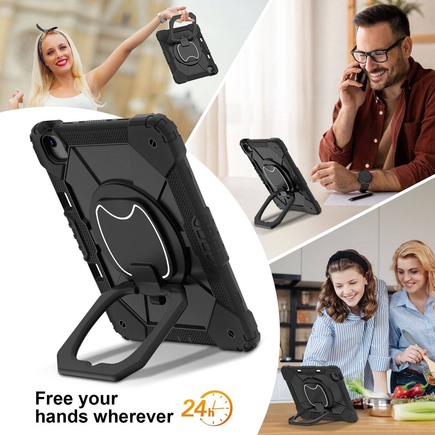 Für Apple iPad Air 13 2025 / 2024 Hybrid 360 Grad Hülle mit Schultergurt Schwarz