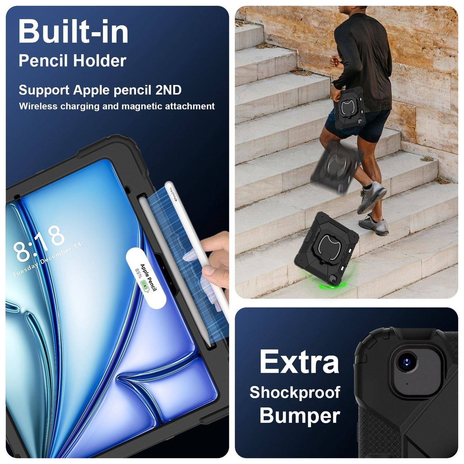 Für Apple iPad Air 13 2025 / 2024 Hybrid 360 Grad Hülle mit Schultergurt Schwarz