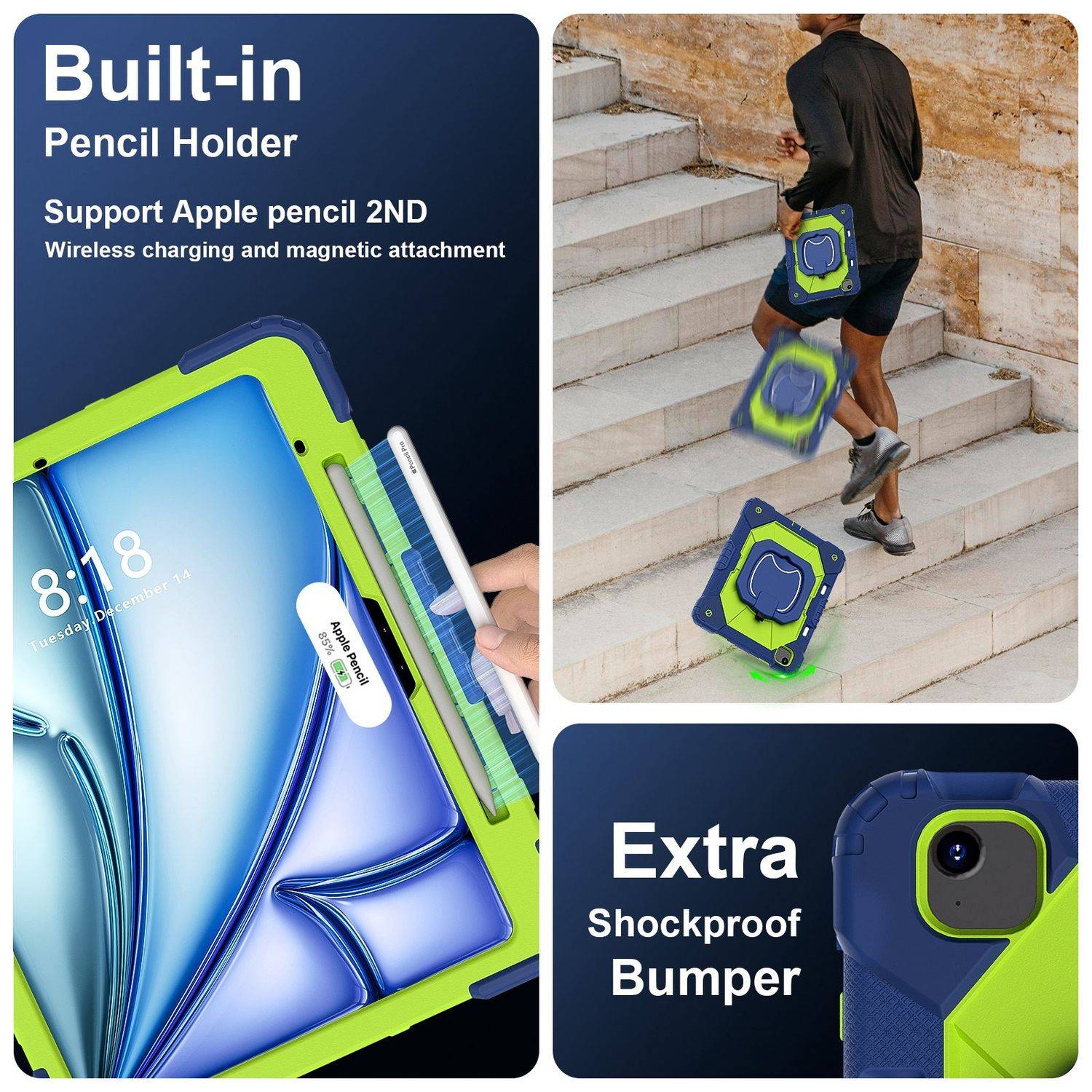 Für Apple iPad Air 13 2025 / 2024 Hybrid 360 Grad Tasche Hülle Schultergurt Grün