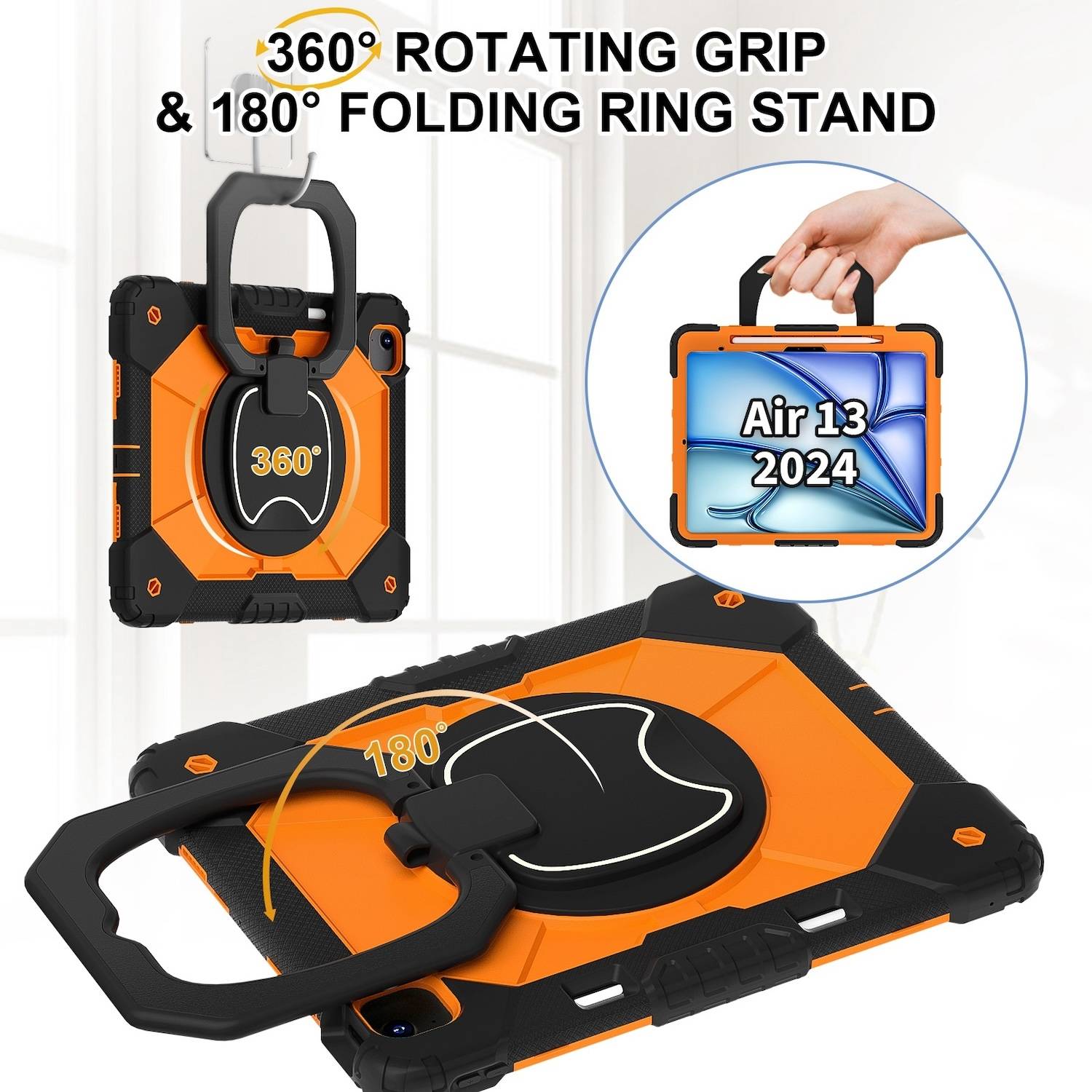 Für Apple iPad Air 13 2025 / 2024 Hybrid 360 Grad Hülle mit Schultergurt Orange