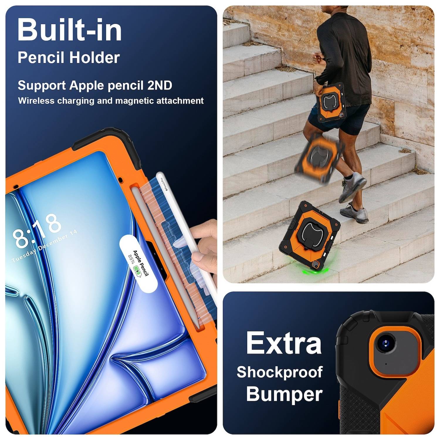 Für Apple iPad Air 13 2025 / 2024 Hybrid 360 Grad Hülle mit Schultergurt Orange