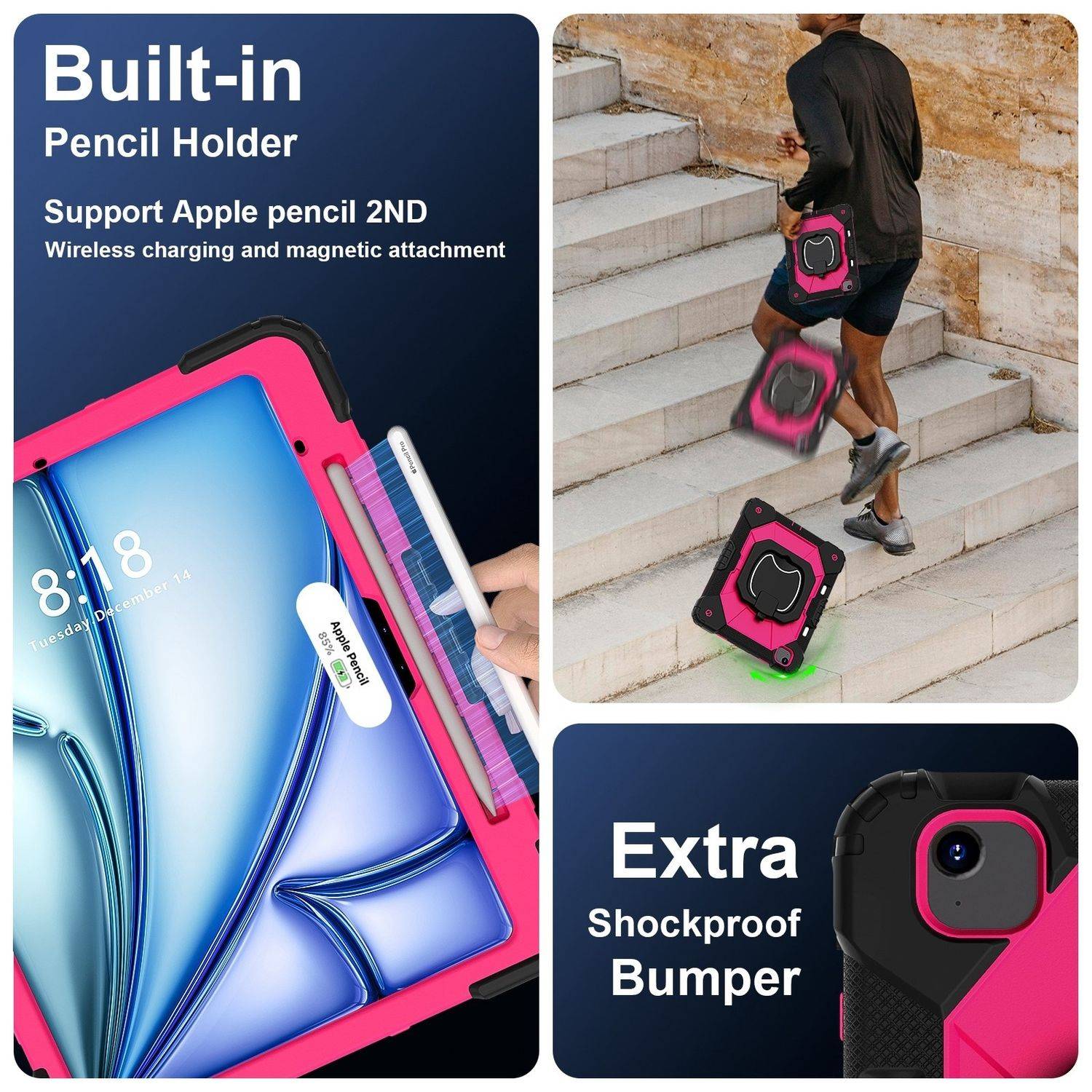 Für Apple iPad Air 13 2025 / 2024 Hybrid 360 Grad Tasche Hülle Schultergurt Pink